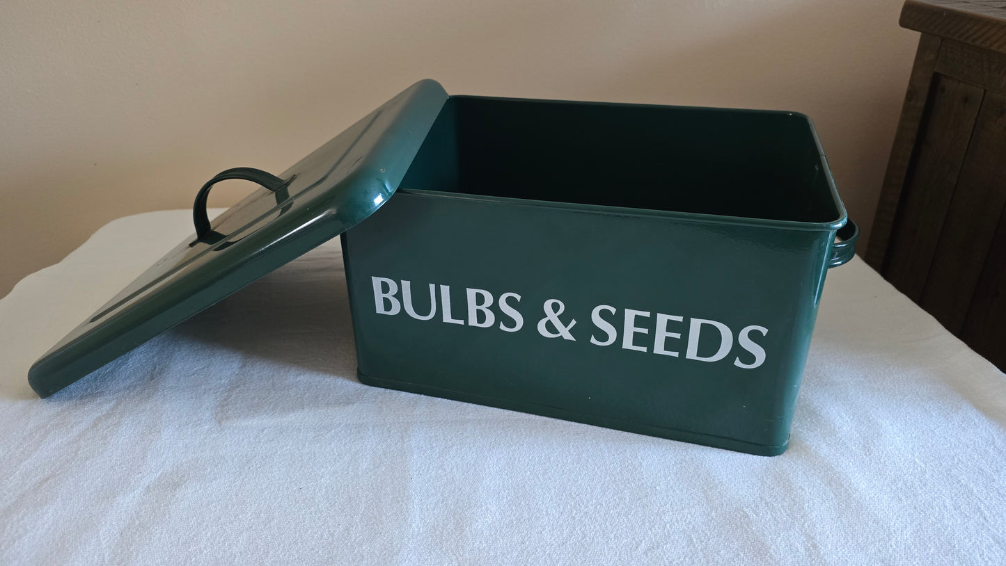 Vintage Green Metal Enamel Bulbs & Seeds Gardening Container Bin with Handles and Lid