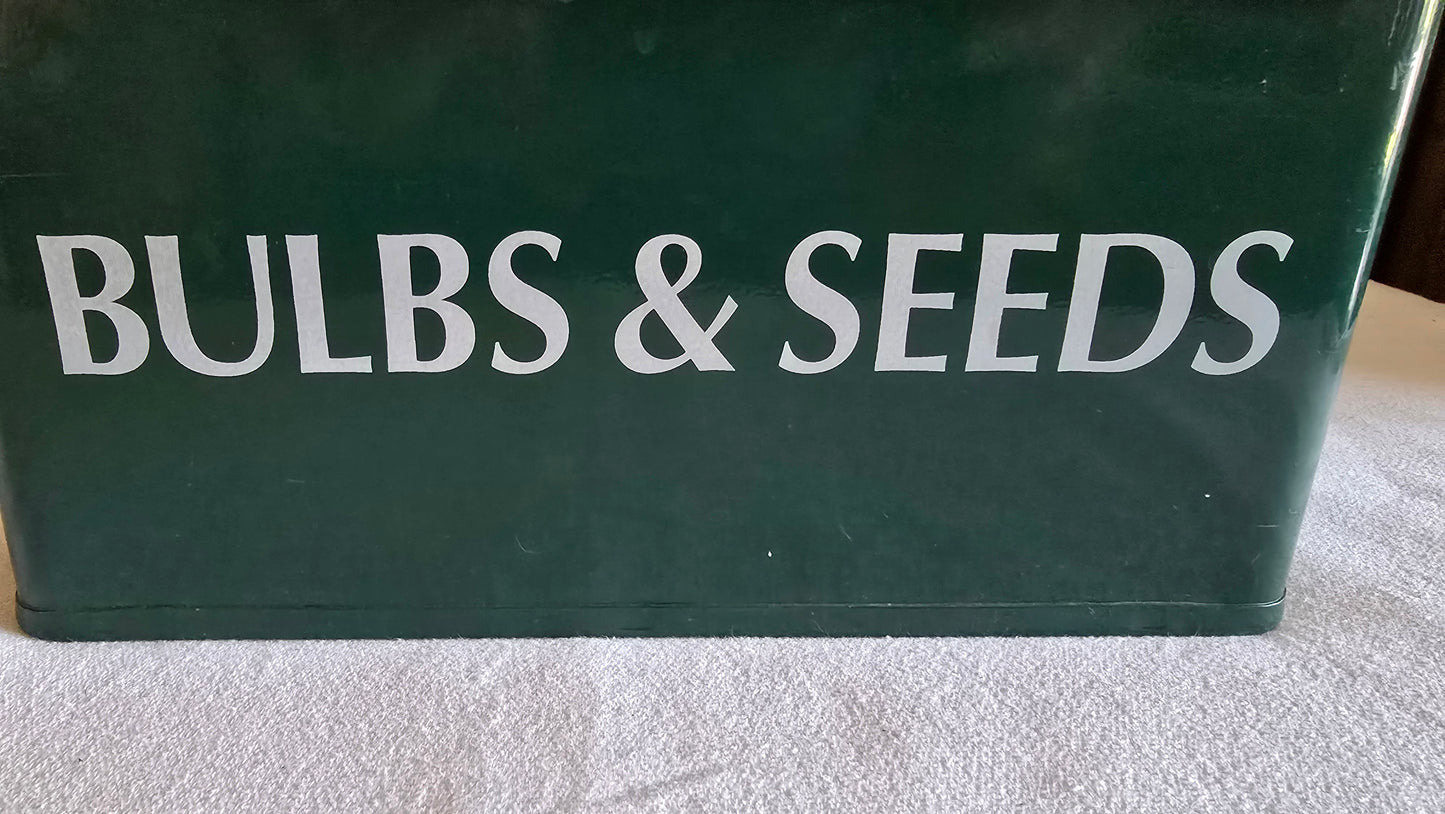 Vintage Green Metal Enamel Bulbs & Seeds Gardening Container Bin with Handles and Lid