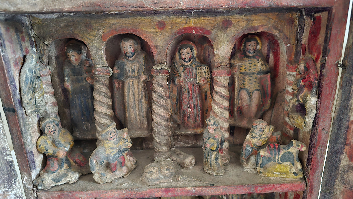 Antique Peruvian Retablo Religious Saints Carved Shrine Prayer Box Cabinet Filadelfia