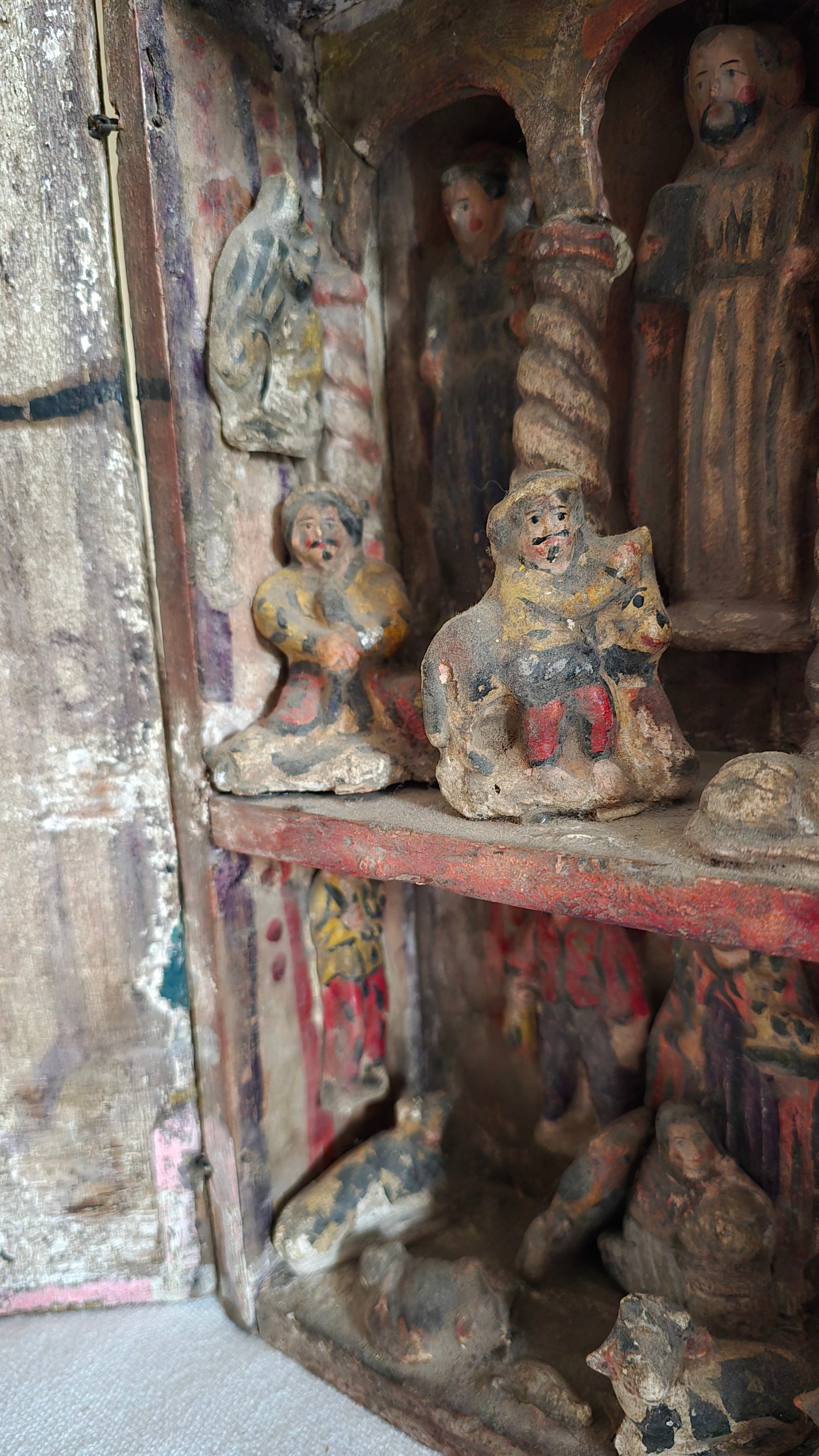 Antique Peruvian Retablo Religious Saints Carved Shrine Prayer Box Cabinet Filadelfia