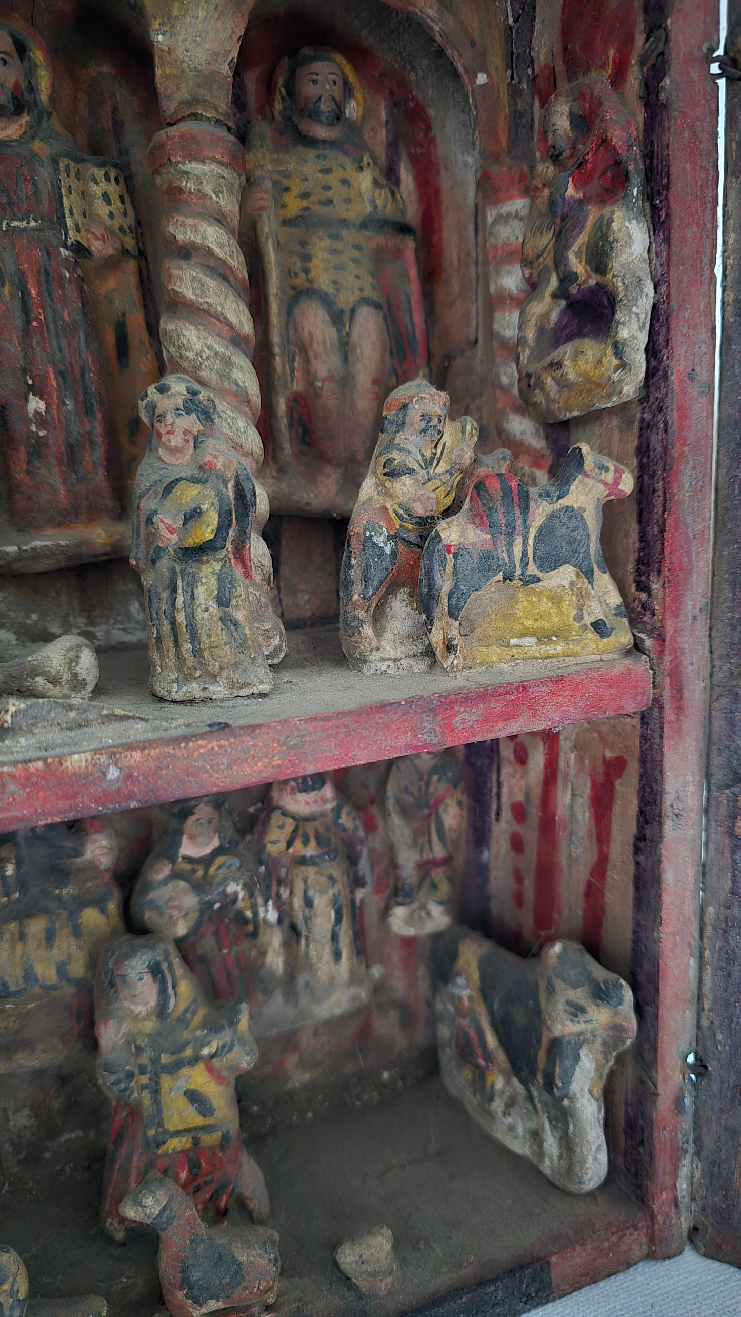 Antique Peruvian Retablo Religious Saints Carved Shrine Prayer Box Cabinet Filadelfia