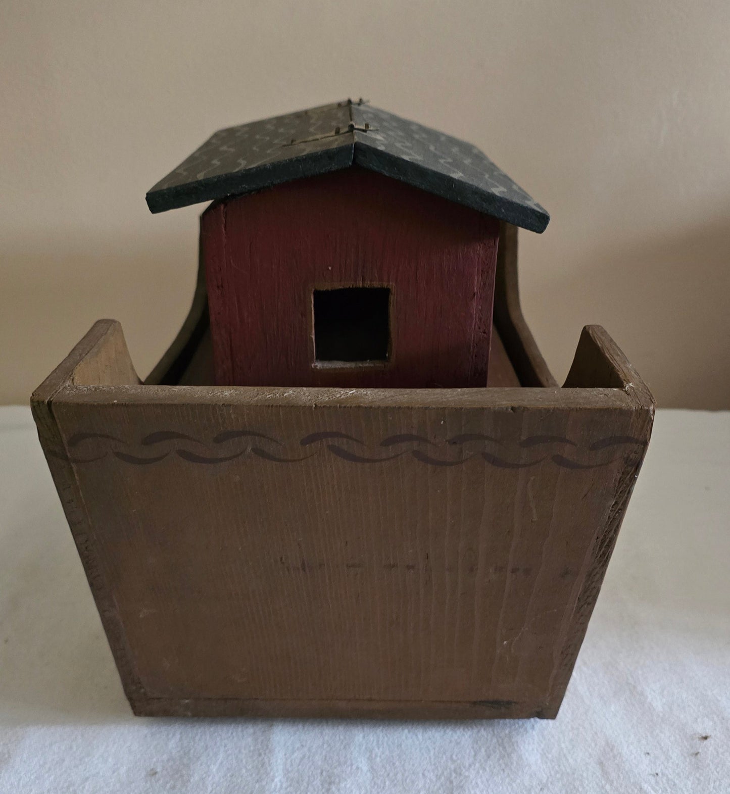 Vintage Primitive Folk Art Wooden Noah's Ark Toy Playset on Wheels with Animals