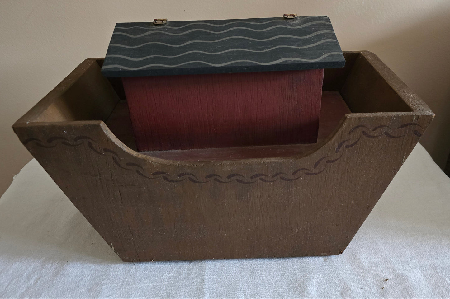 Vintage Primitive Folk Art Wooden Noah's Ark Toy Playset on Wheels with Animals