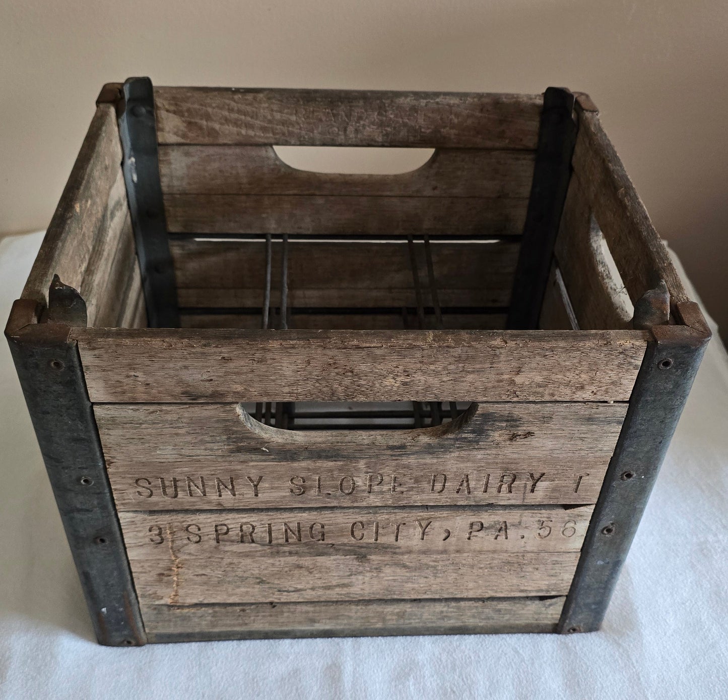 Vintage Wood and Metal Sunny Slope Dairy Spring City PA Milk Crate with Wire Insert