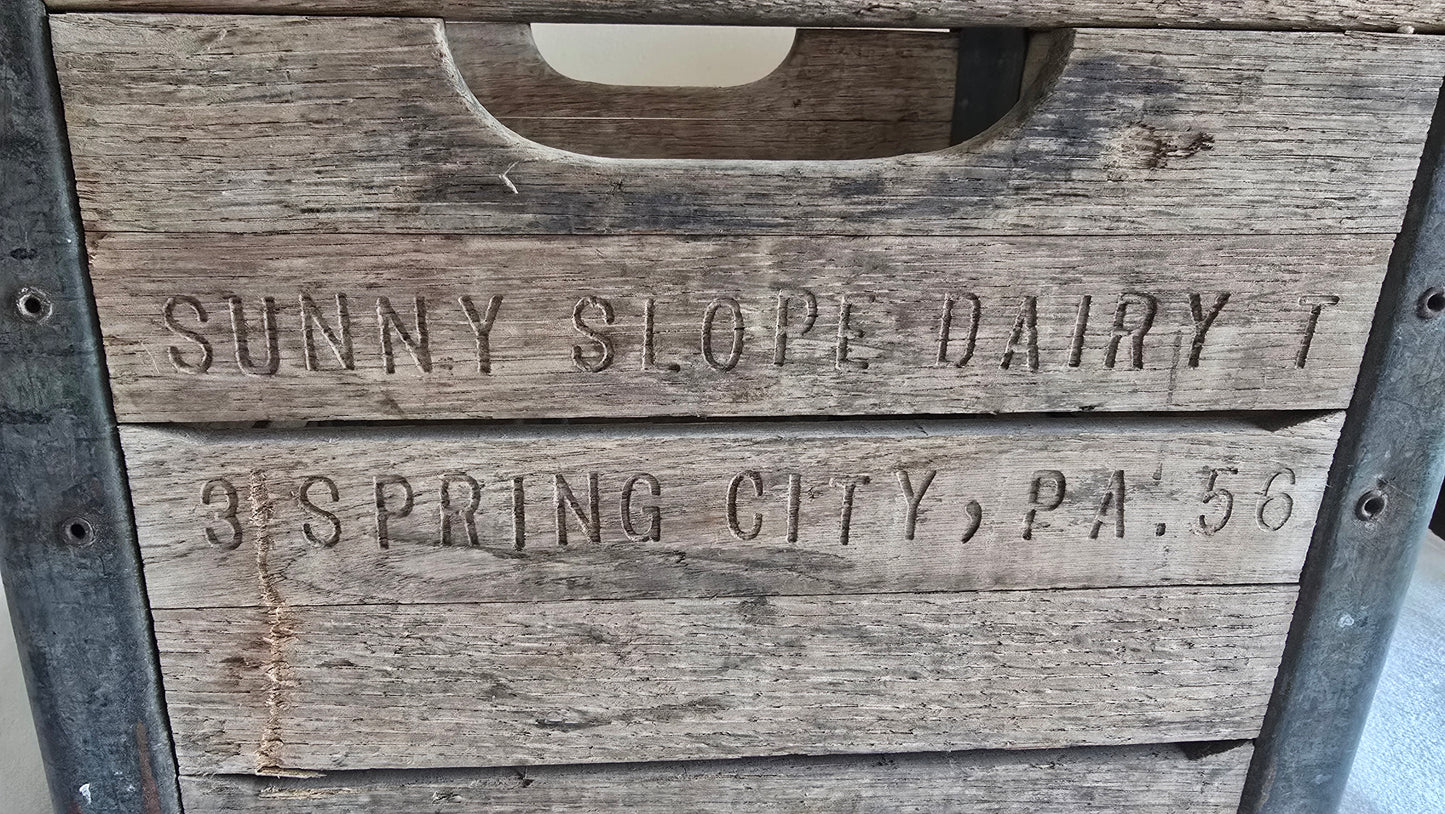 Vintage Wood and Metal Sunny Slope Dairy Spring City PA Milk Crate with Wire Insert