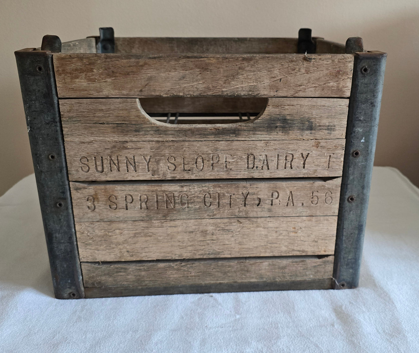 Vintage Wood and Metal Sunny Slope Dairy Spring City PA Milk Crate with Wire Insert