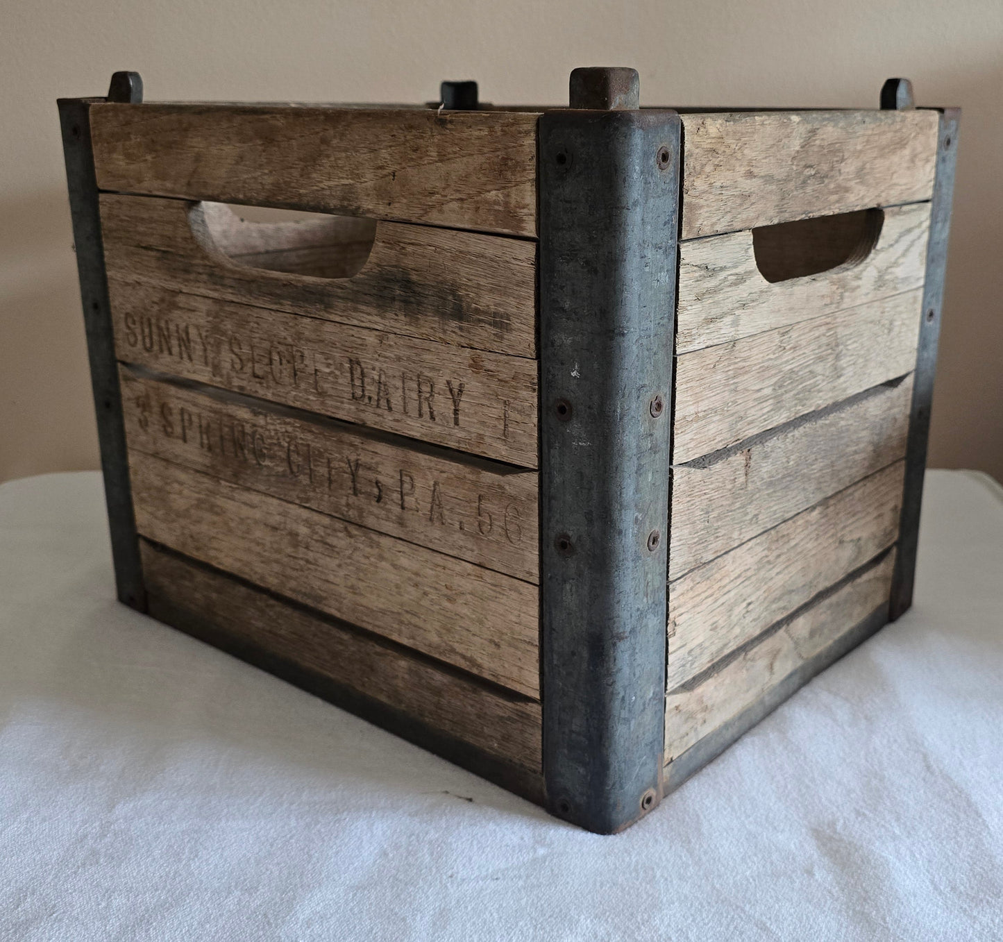 Vintage Wood and Metal Sunny Slope Dairy Spring City PA Milk Crate with Wire Insert