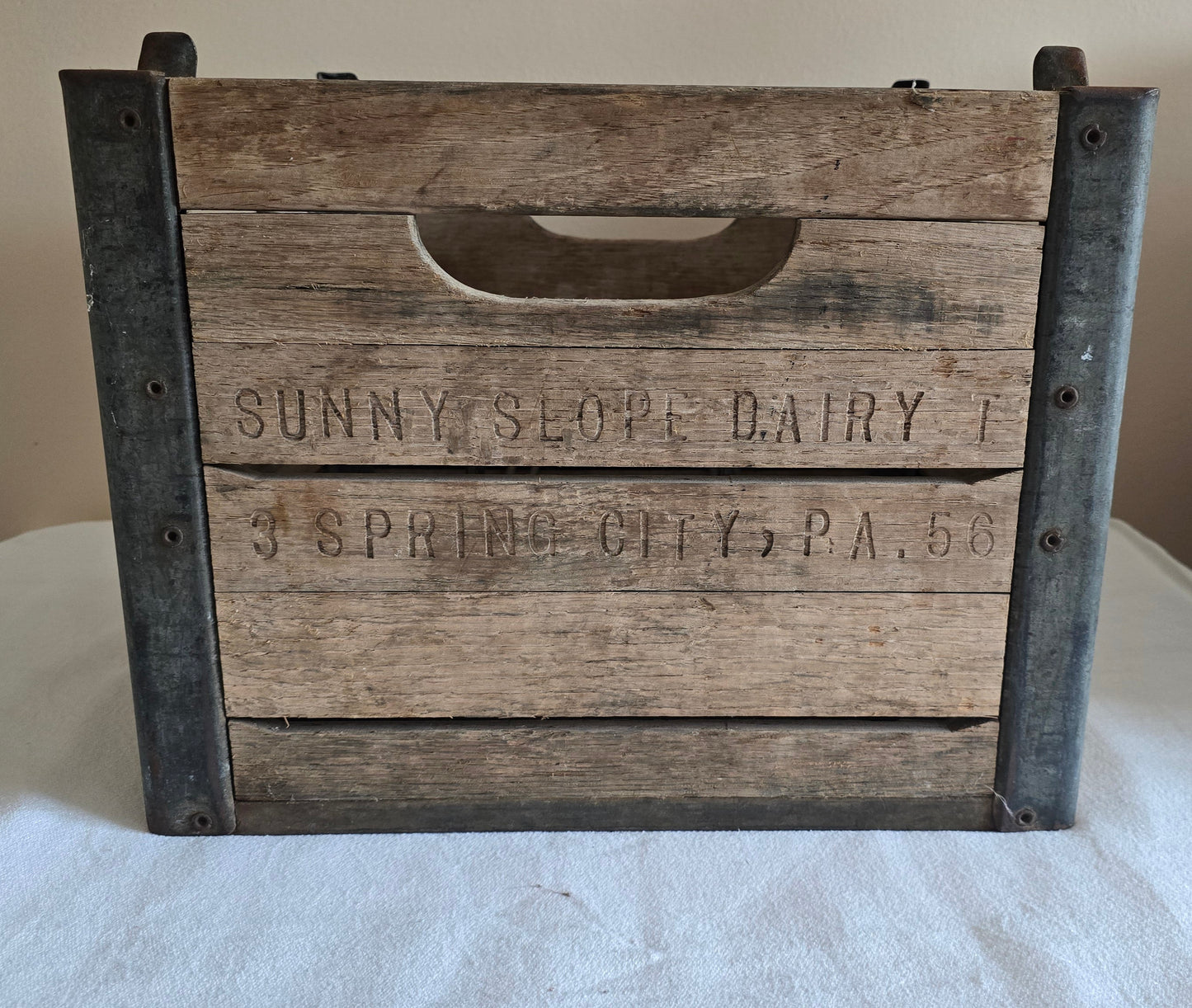 Vintage Wood and Metal Sunny Slope Dairy Spring City PA Milk Crate with Wire Insert