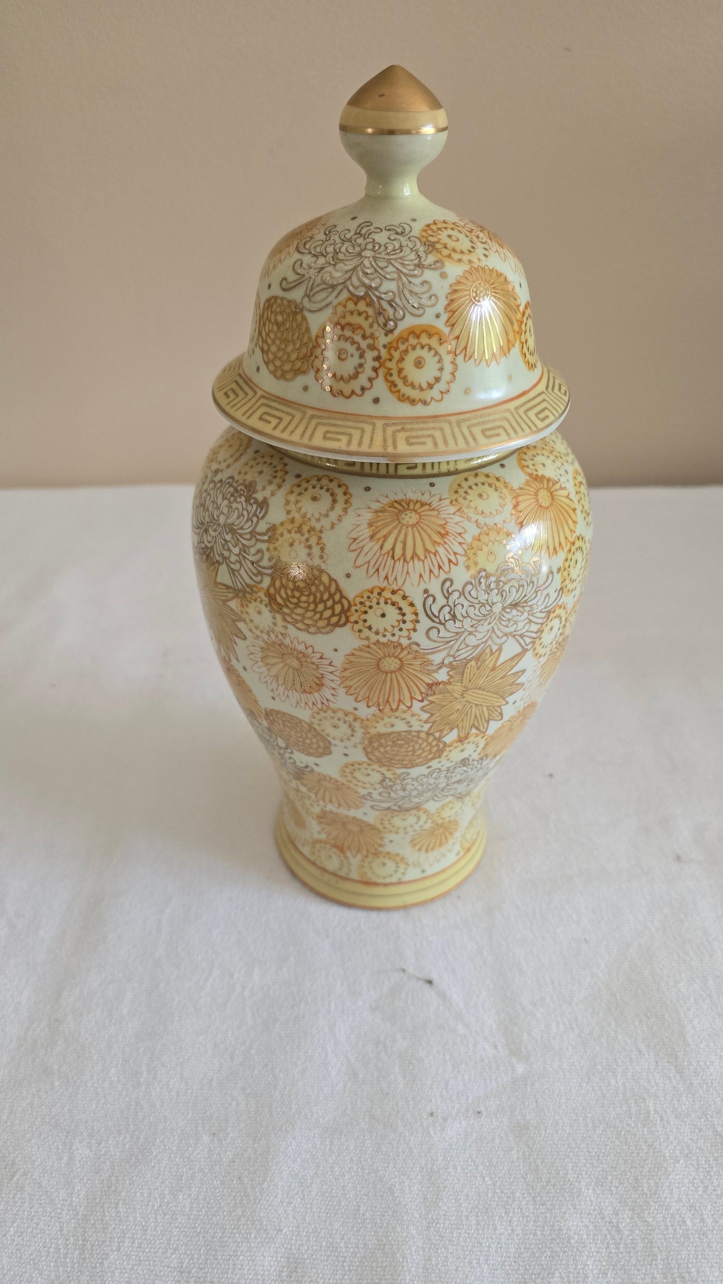 Vintage Andrea by Sadek Gold Hand Painted Porcelain Ginger Jar Temple Jar with Lid Floral Urn