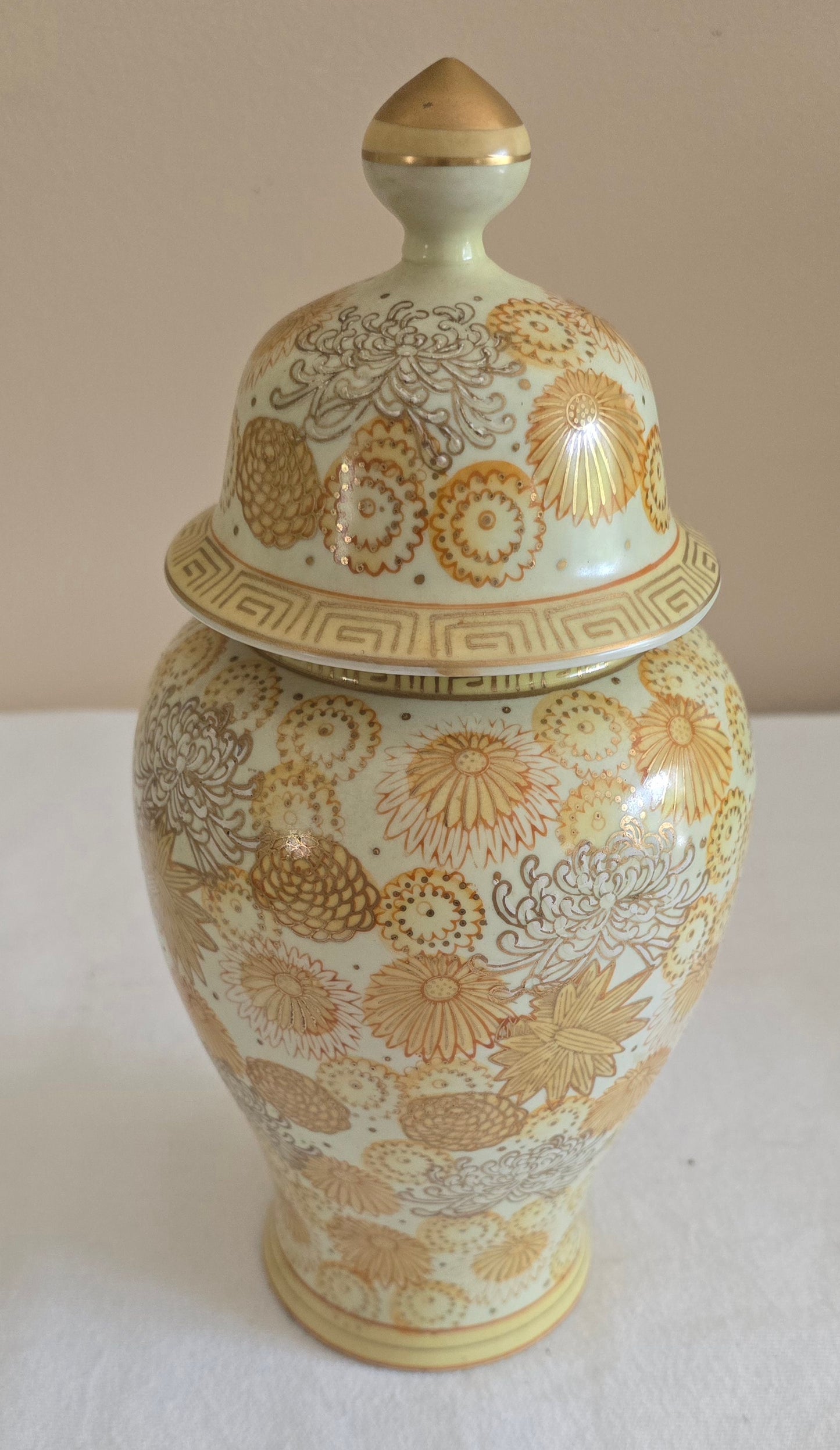 Vintage Andrea by Sadek Gold Hand Painted Porcelain Ginger Jar Temple Jar with Lid Floral Urn