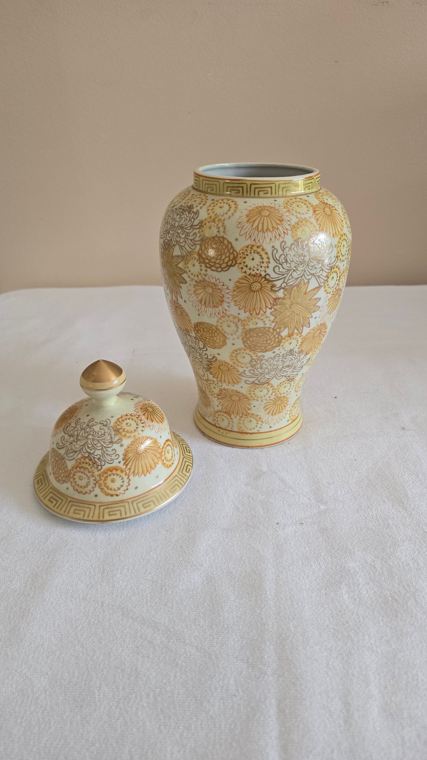 Vintage Andrea by Sadek Gold Hand Painted Porcelain Ginger Jar Temple Jar with Lid Floral Urn