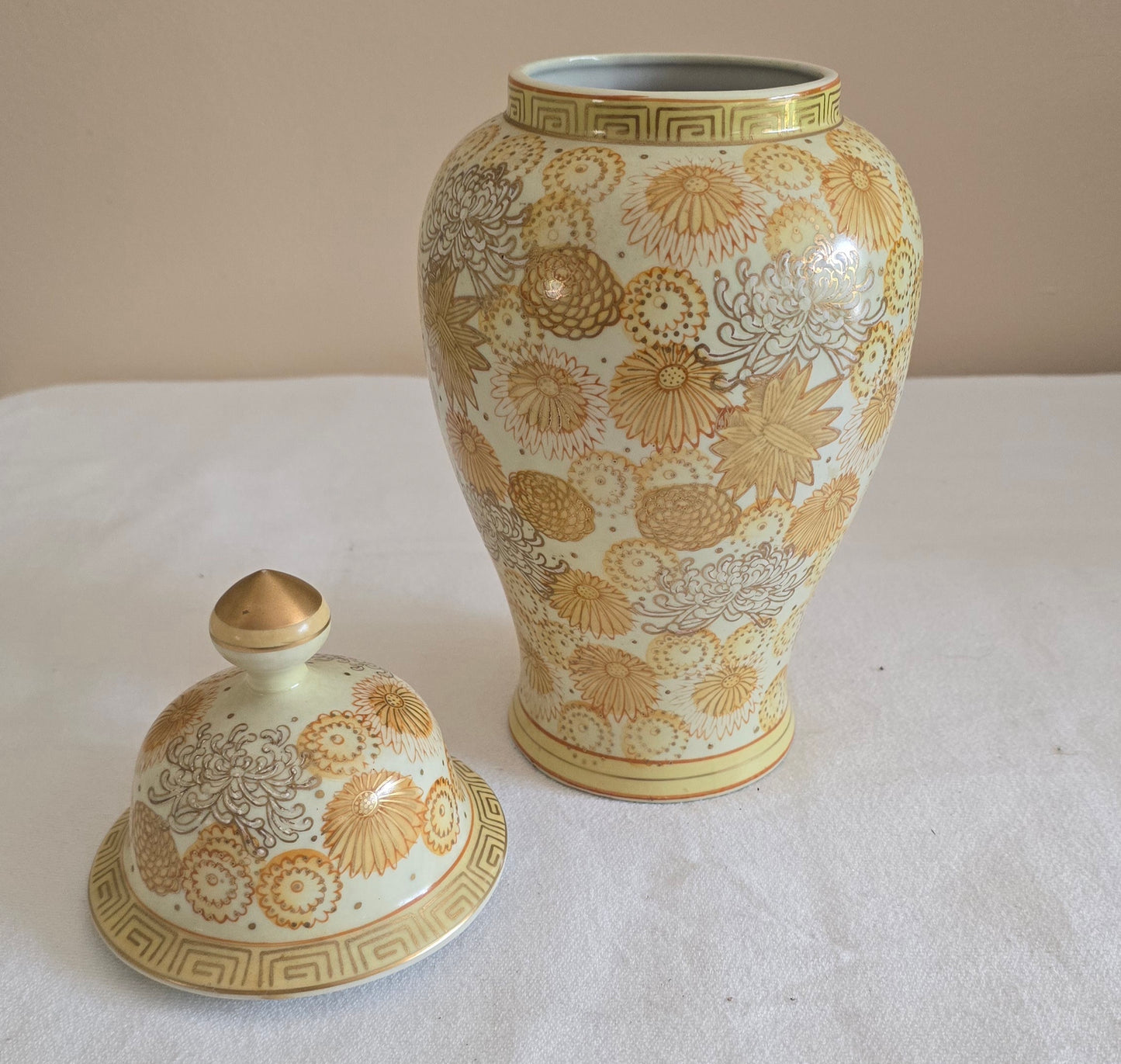 Vintage Andrea by Sadek Gold Hand Painted Porcelain Ginger Jar Temple Jar with Lid Floral Urn