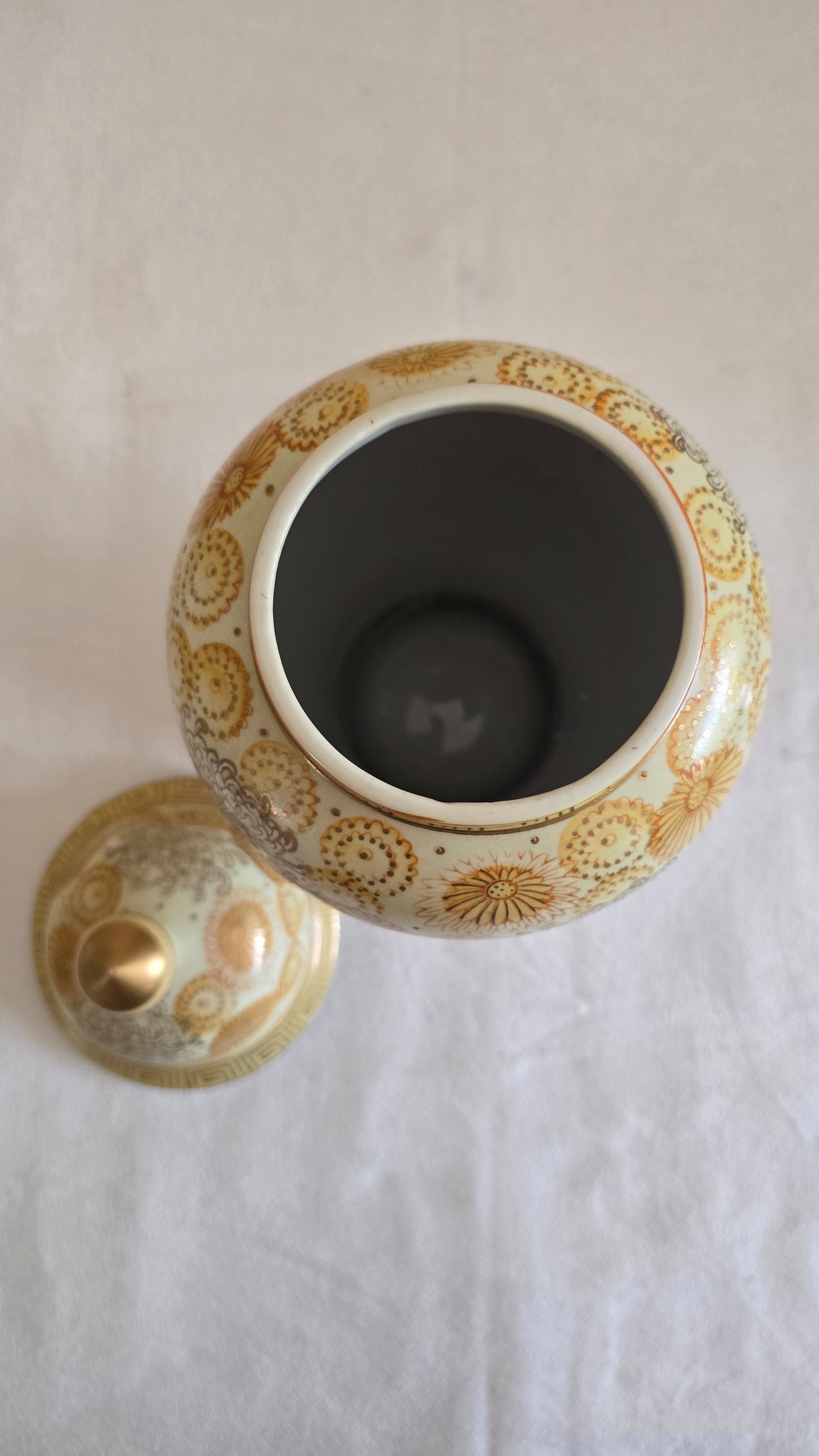 Vintage Andrea by Sadek Gold Hand Painted Porcelain Ginger Jar Temple Jar with Lid Floral Urn
