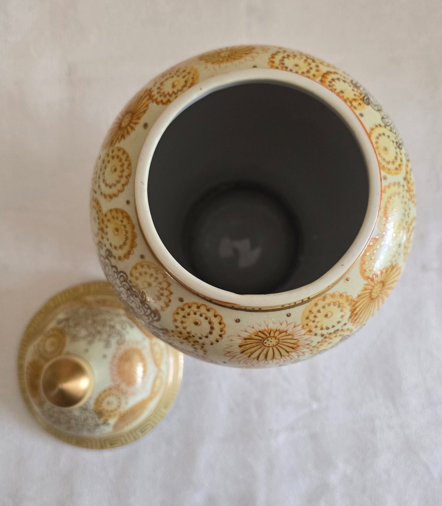 Vintage Andrea by Sadek Gold Hand Painted Porcelain Ginger Jar Temple Jar with Lid Floral Urn