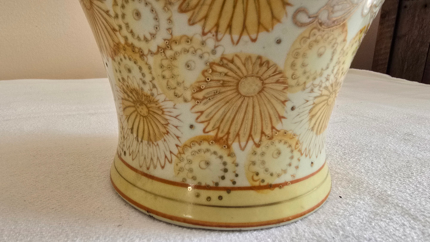 Vintage Andrea by Sadek Gold Hand Painted Porcelain Ginger Jar Temple Jar with Lid Floral Urn