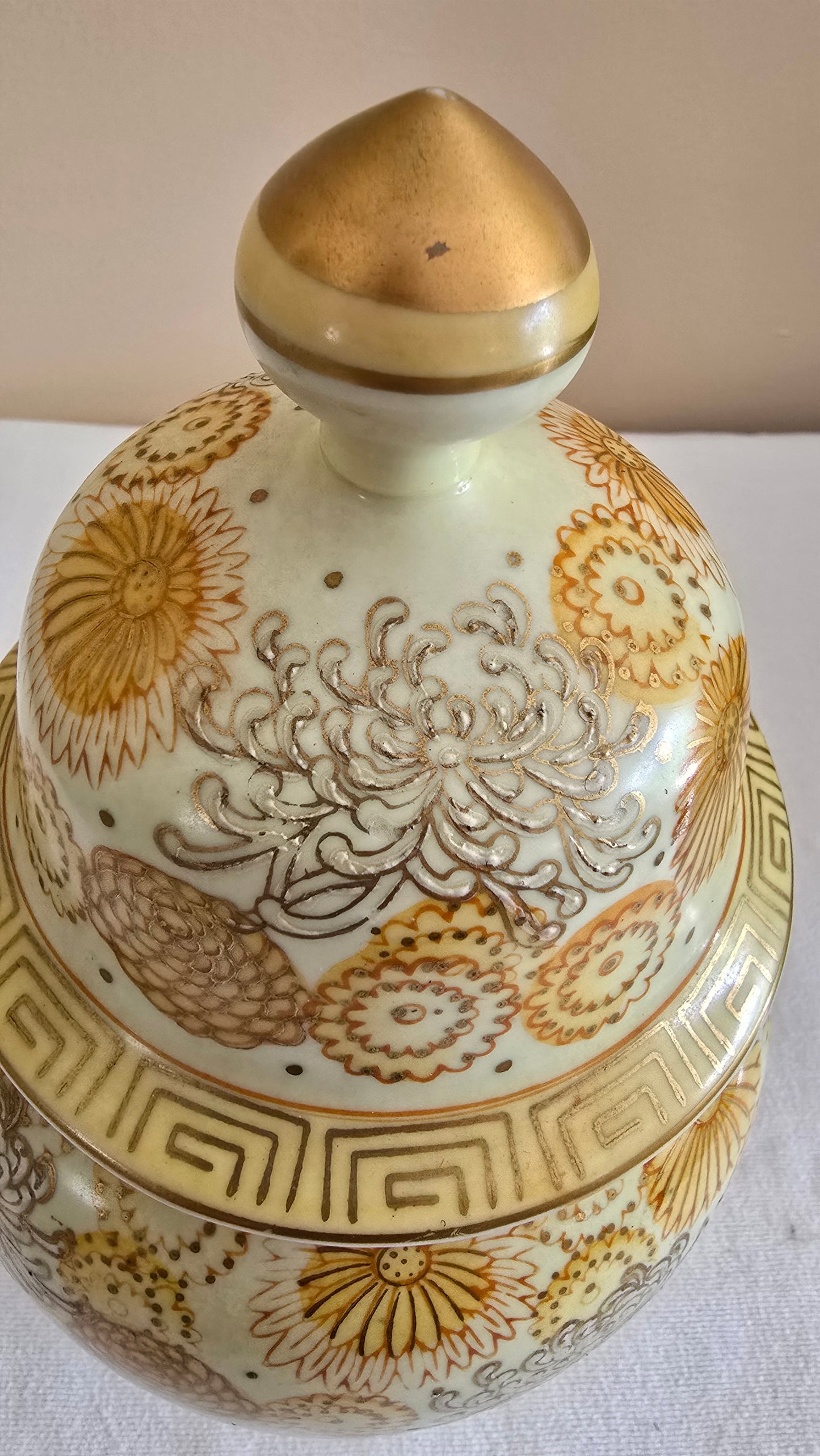 Vintage Andrea by Sadek Gold Hand Painted Porcelain Ginger Jar Temple Jar with Lid Floral Urn