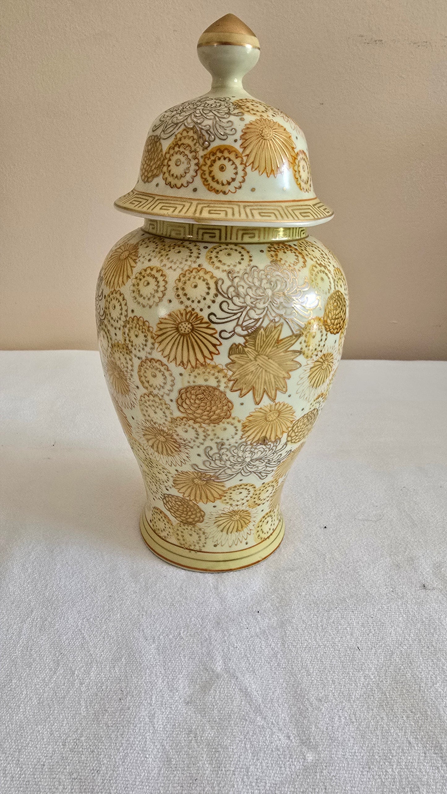 Vintage Andrea by Sadek Gold Hand Painted Porcelain Ginger Jar Temple Jar with Lid Floral Urn