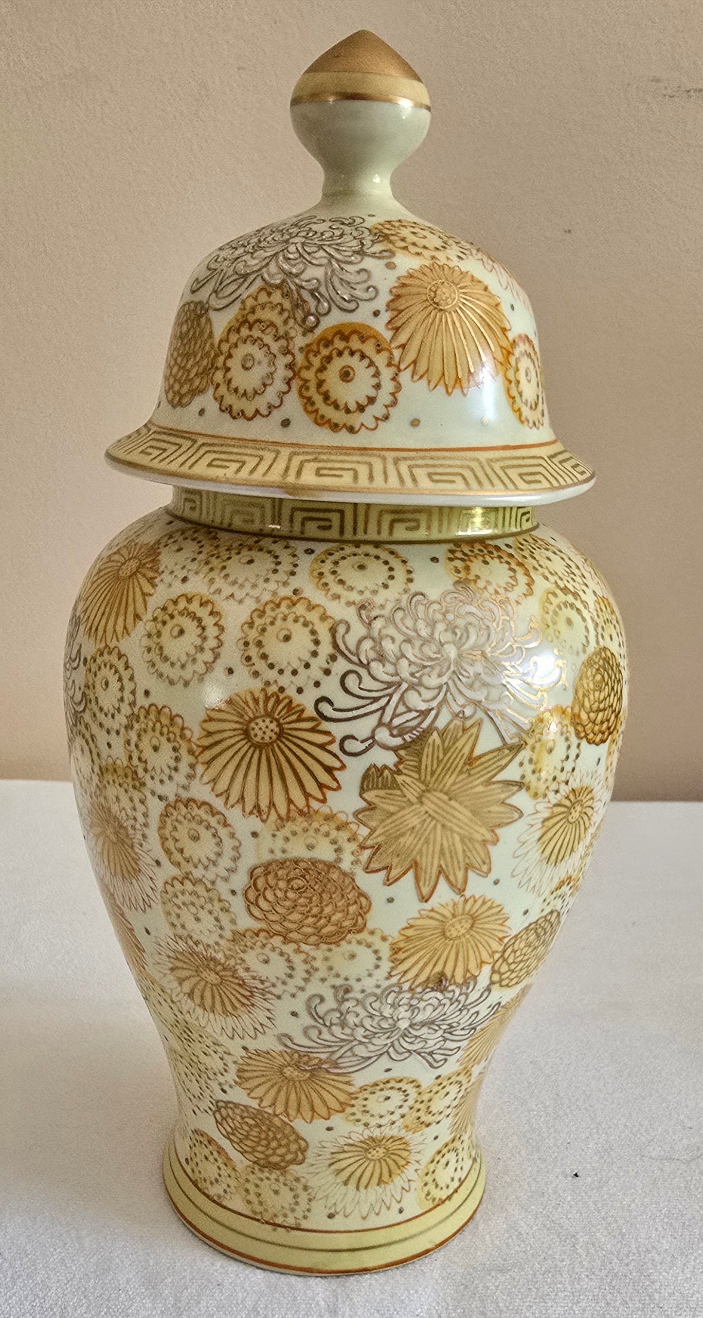 Vintage Andrea by Sadek Gold Hand Painted Porcelain Ginger Jar Temple Jar with Lid Floral Urn