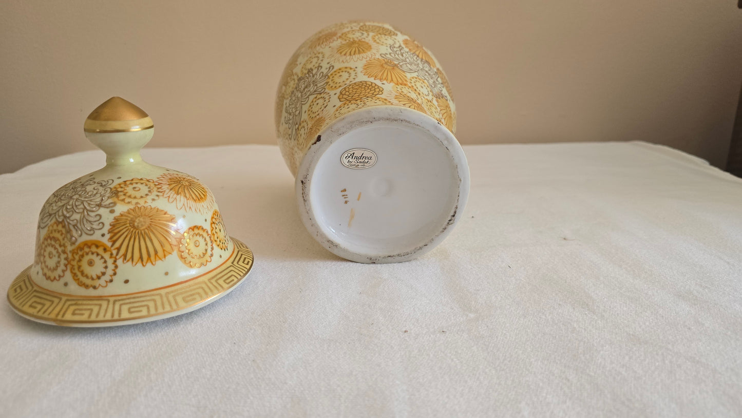 Vintage Andrea by Sadek Gold Hand Painted Porcelain Ginger Jar Temple Jar with Lid Floral Urn