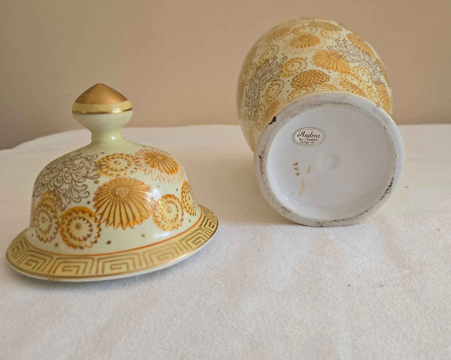 Vintage Andrea by Sadek Gold Hand Painted Porcelain Ginger Jar Temple Jar with Lid Floral Urn