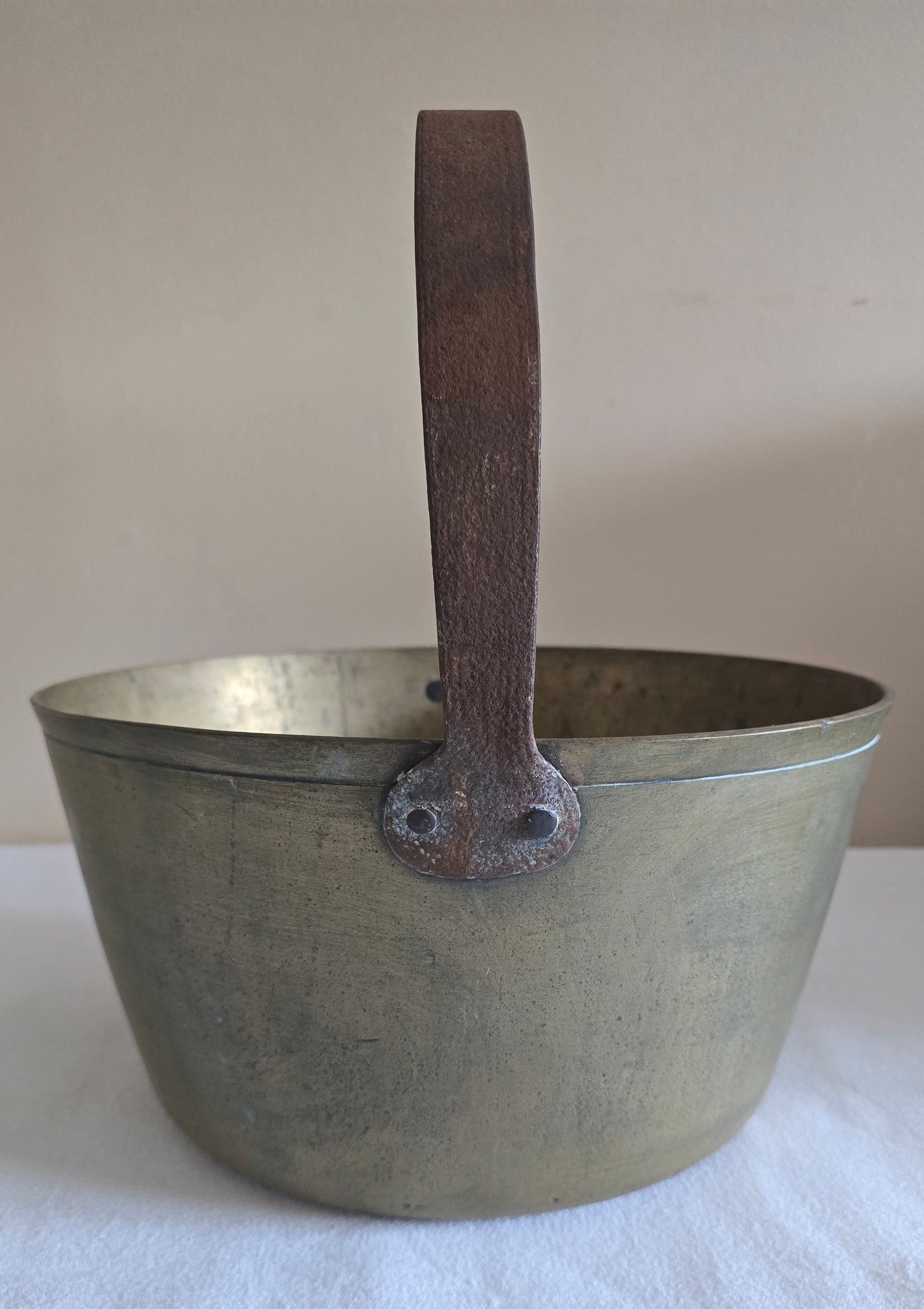Antique Heavy Thick Brass Jam Pan Cooking Pot with Forged Iron Handle