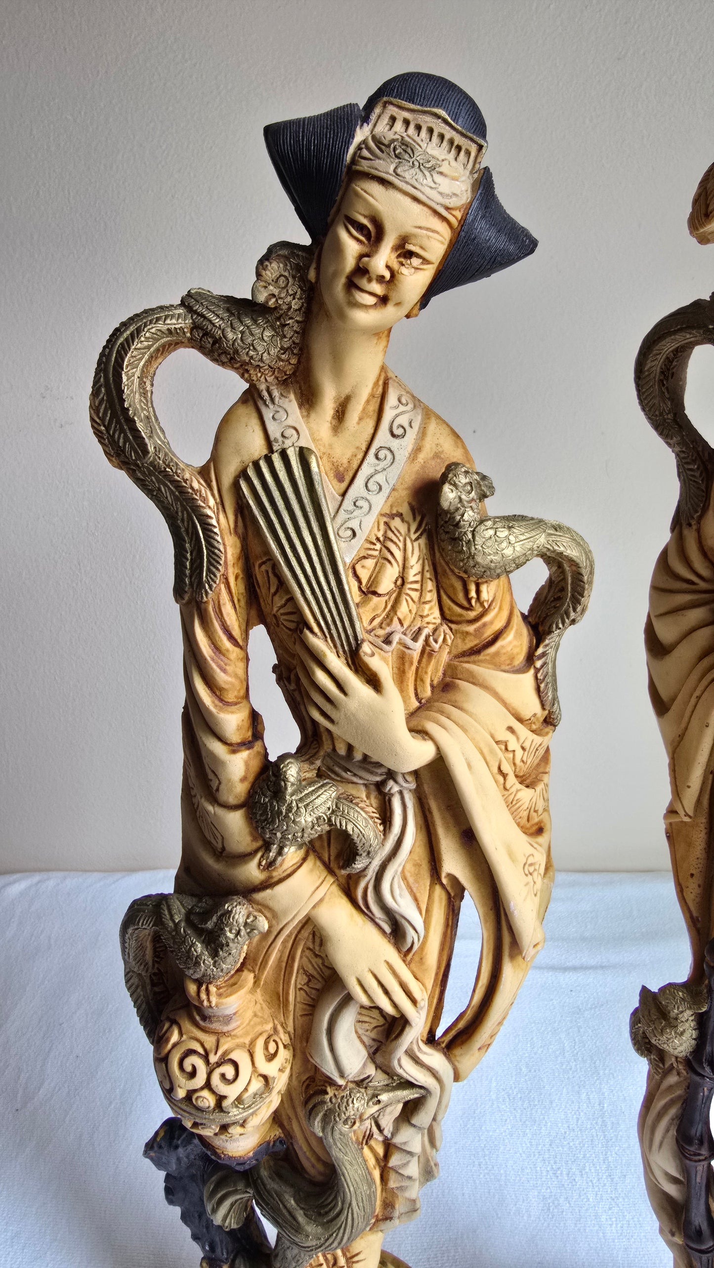 Vintage 19" Carved Resin Asian Pair of Chinese Figures Statues Man & Woman