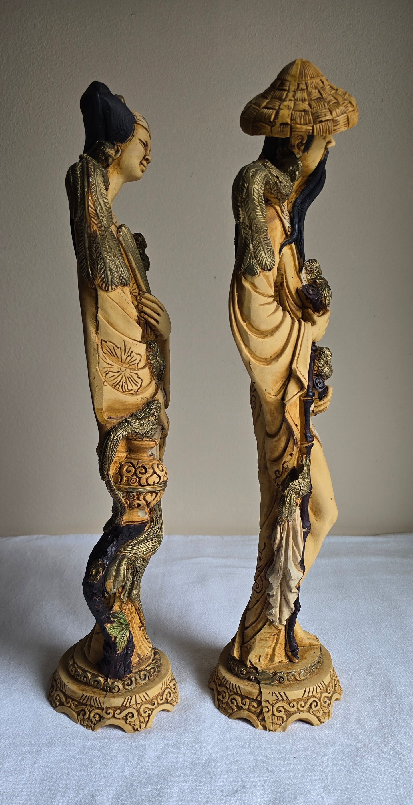 Vintage 19" Carved Resin Asian Pair of Chinese Figures Statues Man & Woman