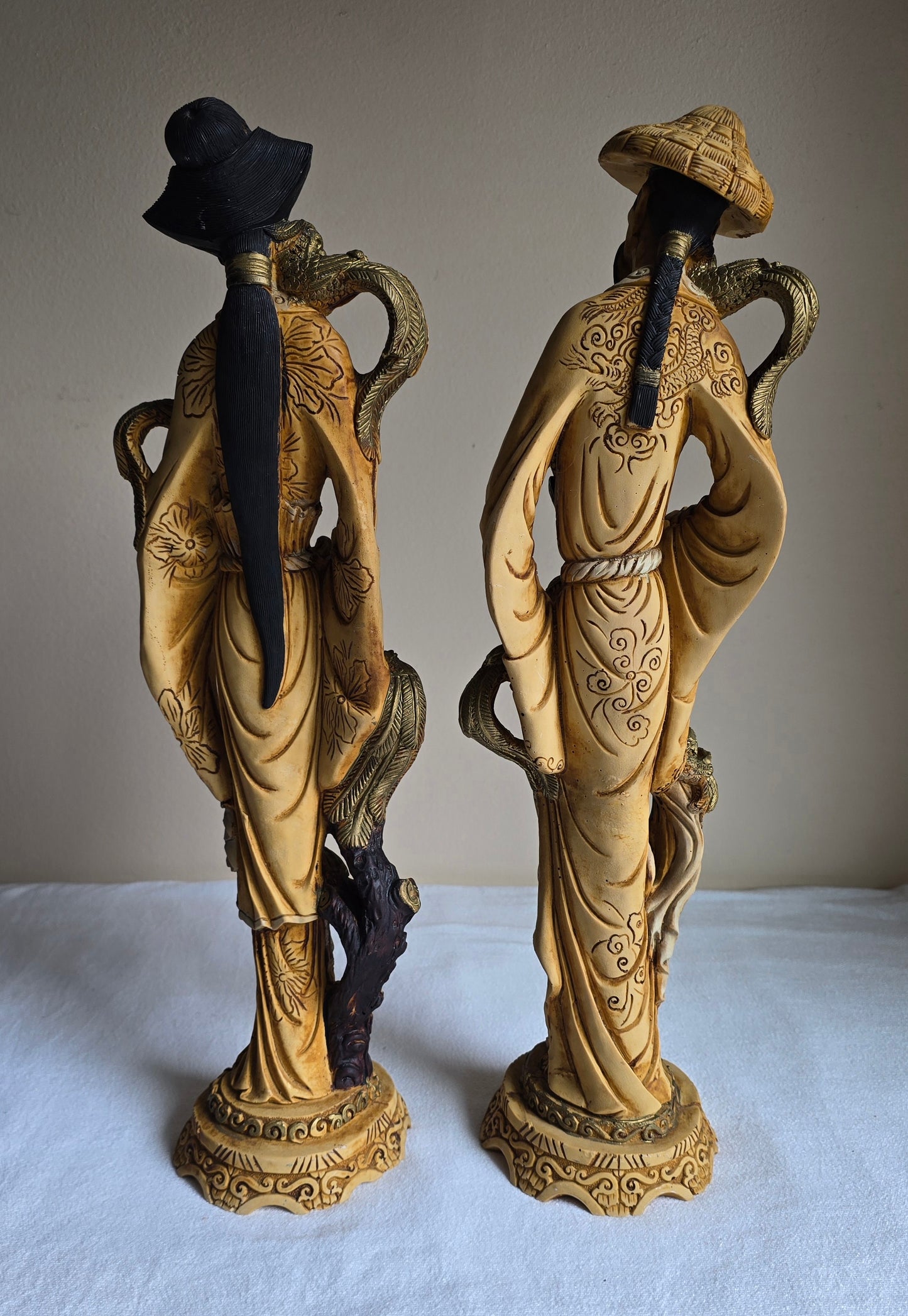 Vintage 19" Carved Resin Asian Pair of Chinese Figures Statues Man & Woman