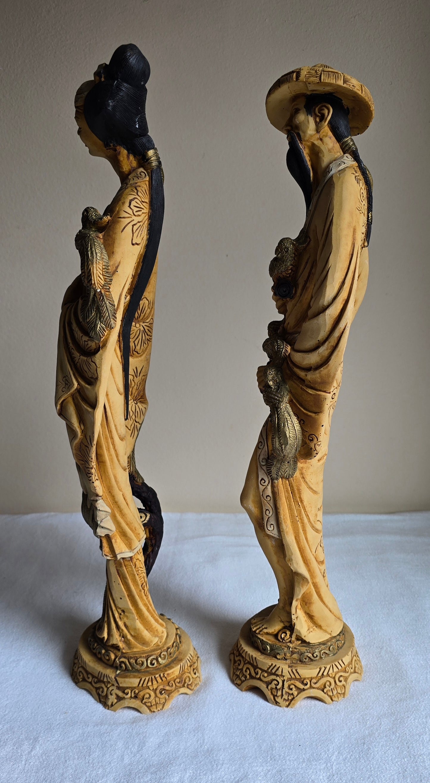 Vintage 19" Carved Resin Asian Pair of Chinese Figures Statues Man & Woman