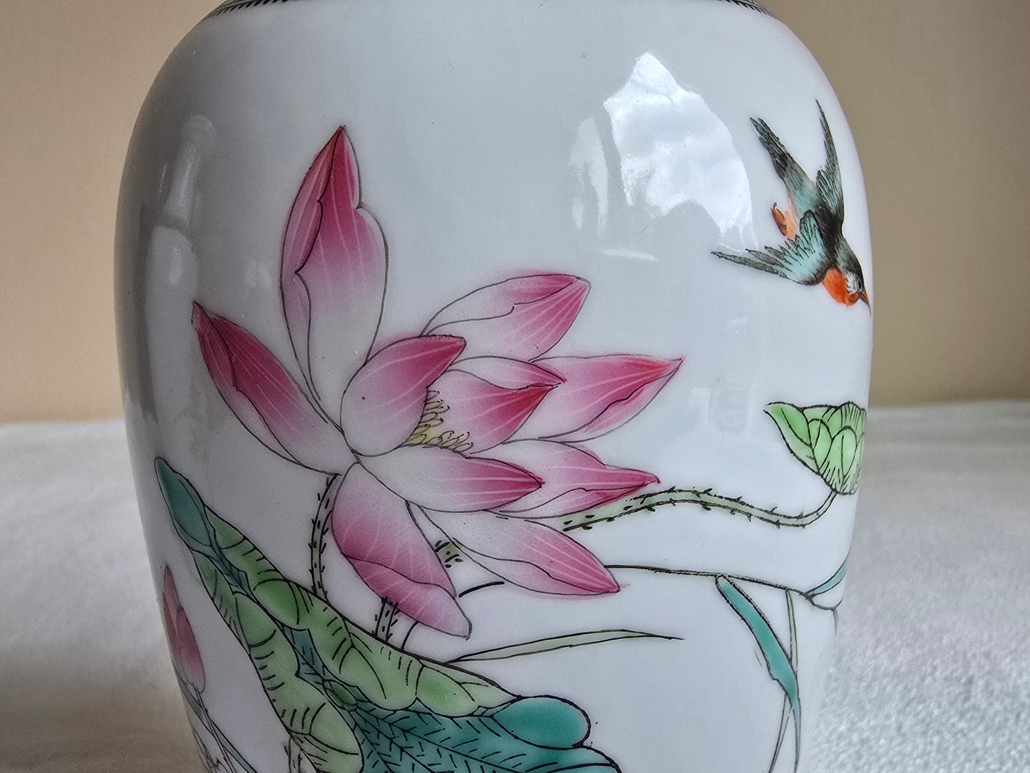 Vintage Asian Chinese Pair of Vases Lotus Flower & Bird Porcelain Hand Painted
