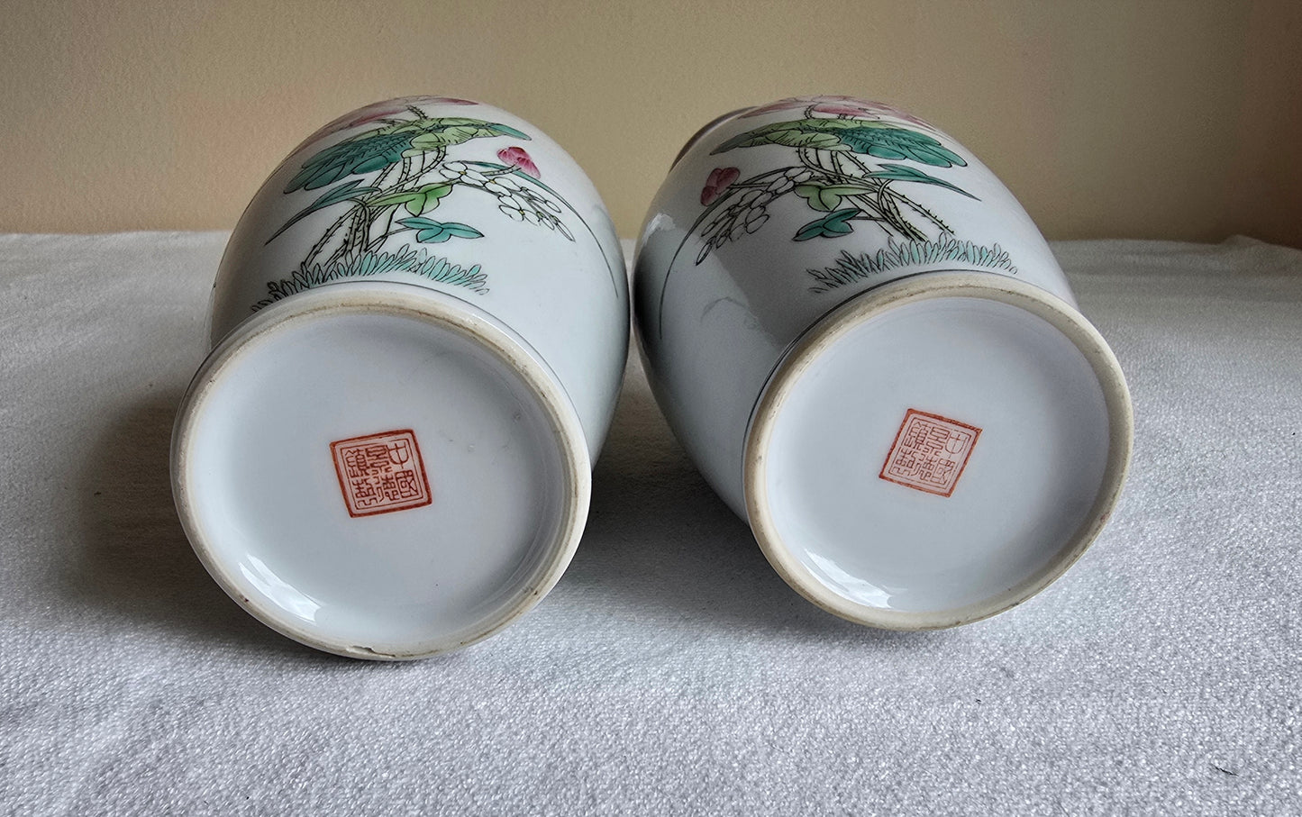 Vintage Asian Chinese Pair of Vases Lotus Flower & Bird Porcelain Hand Painted