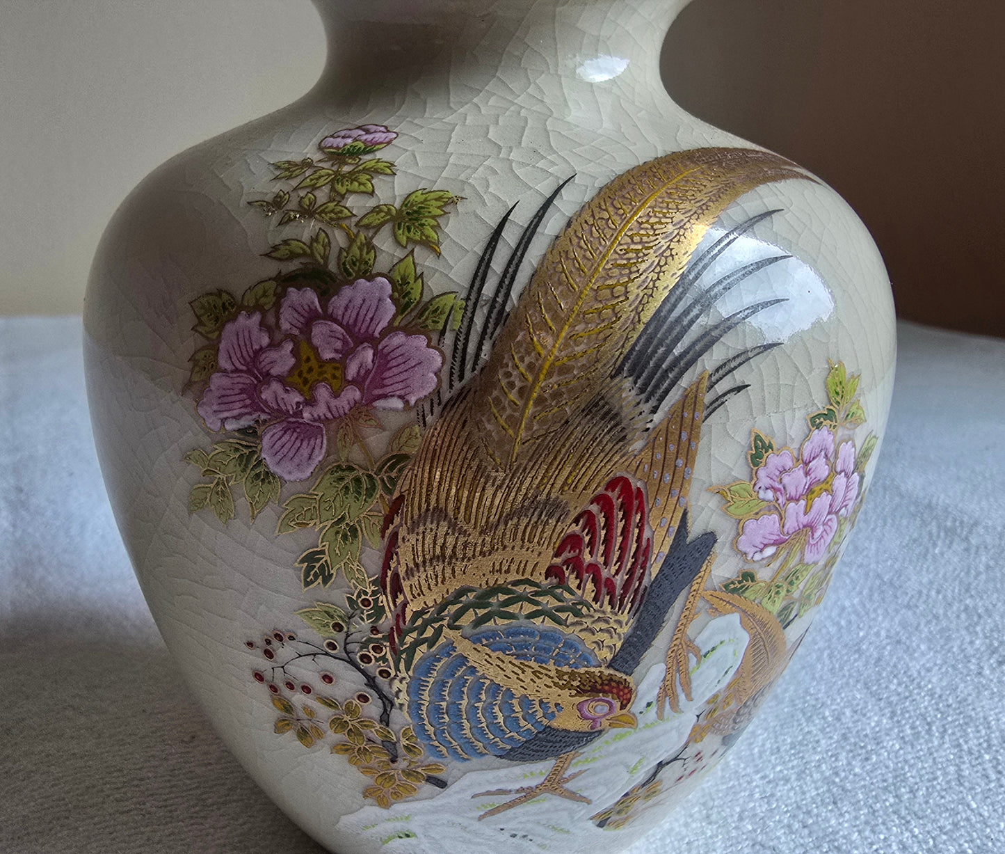 Vintage Hand Painted Porcelain Vase Asian Style Kutani Flower & Pheasant Birds Japanese