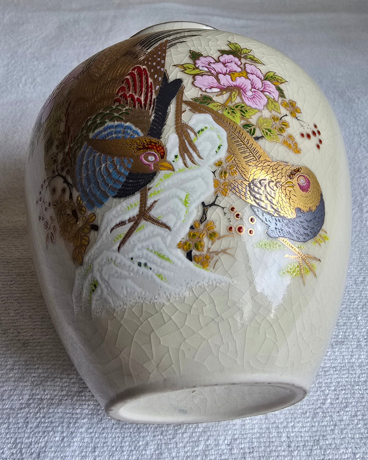 Vintage Hand Painted Porcelain Vase Asian Style Kutani Flower & Pheasant Birds Japanese
