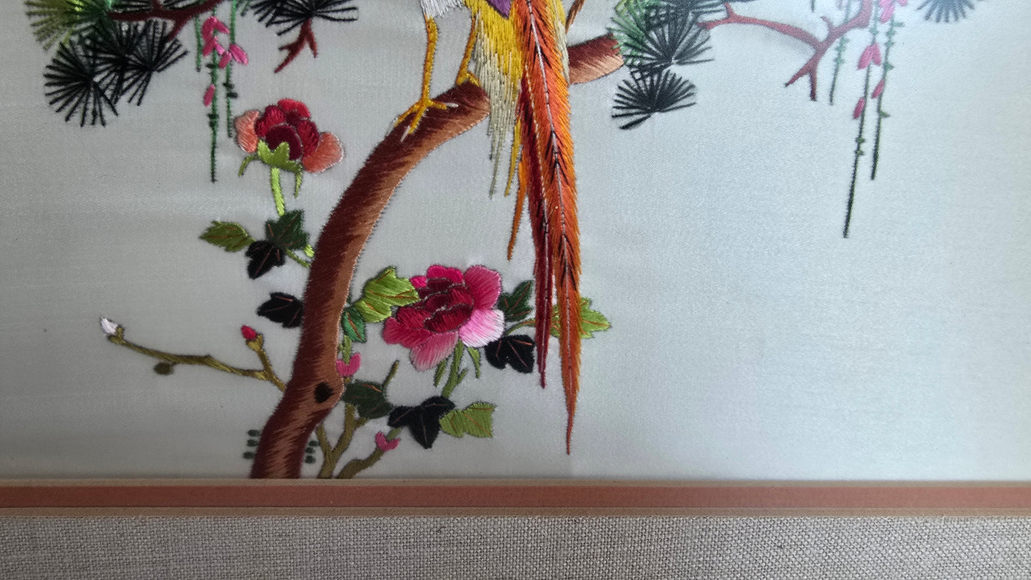 Vintage Chinese Embroidered Silk Framed Art Floral and Birds Asian Design