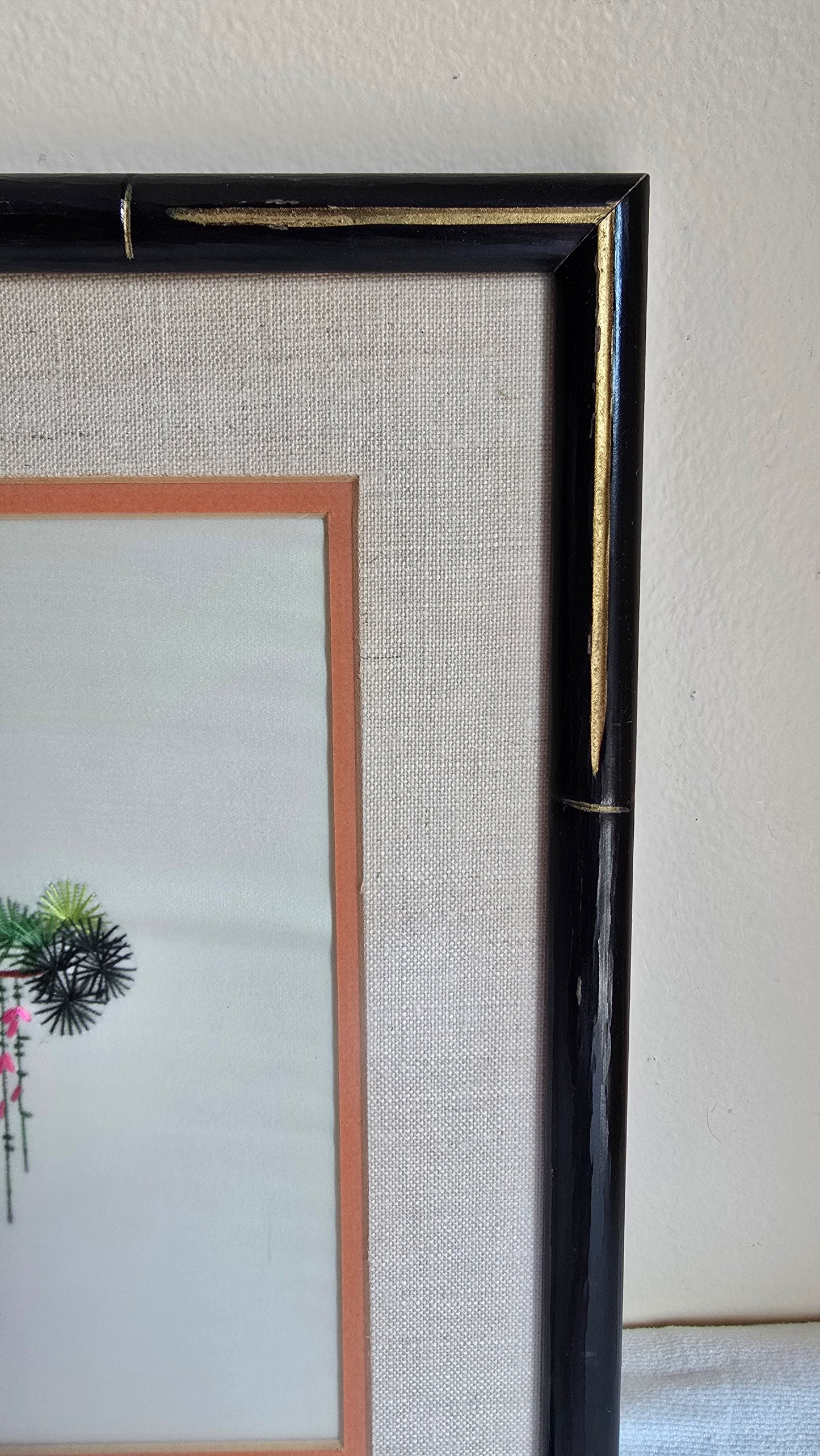 Vintage Chinese Embroidered Silk Framed Art Floral and Birds Asian Design