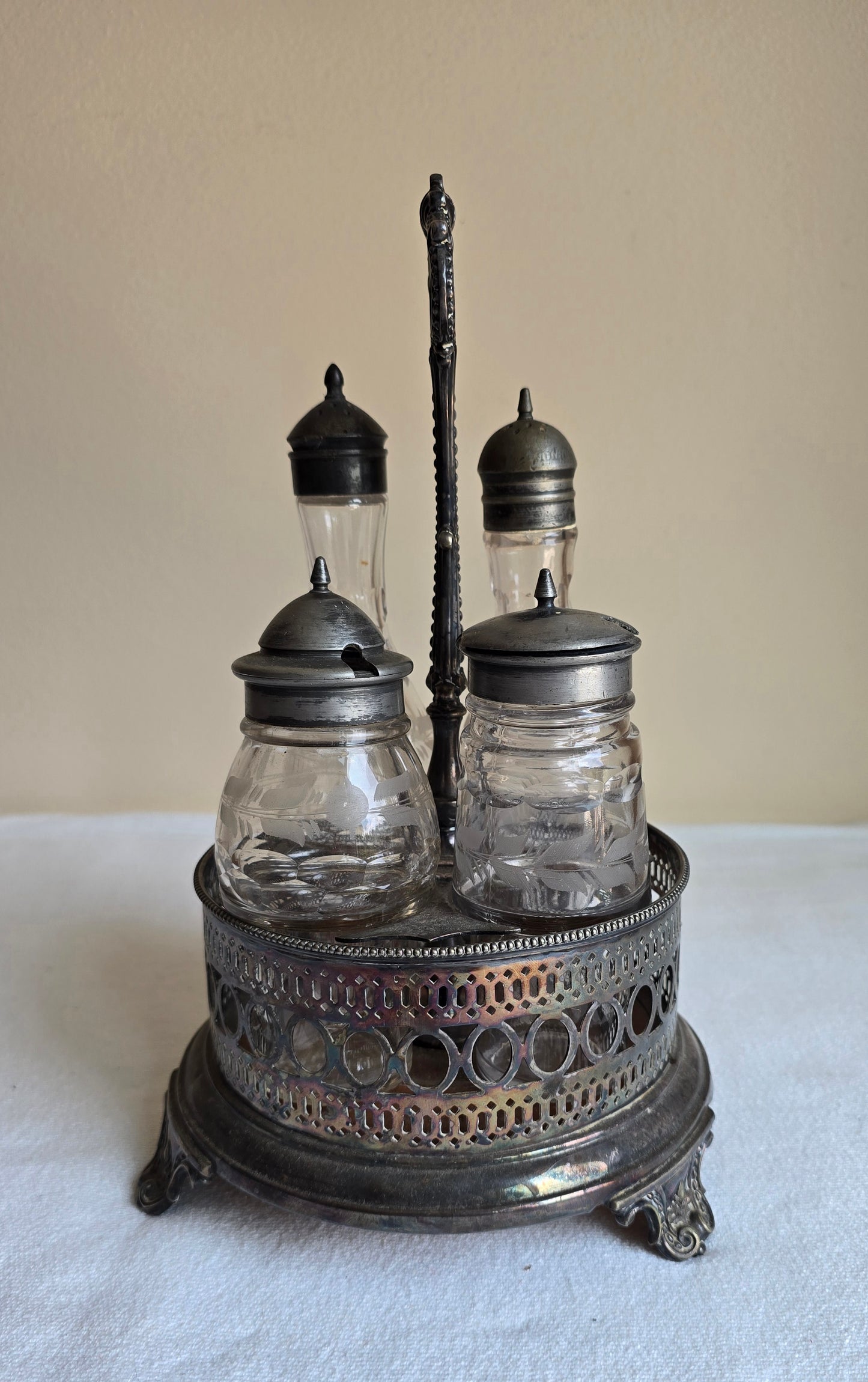 Antique Elkington & Co British Silver Plate Cruet Set with Etched Glass