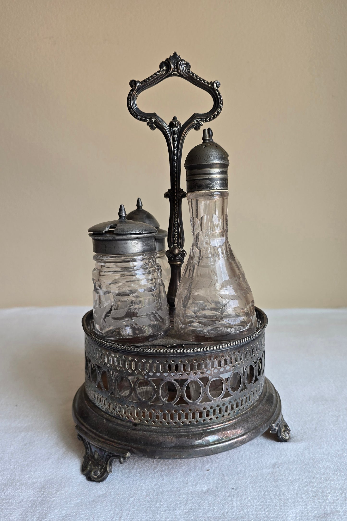 Antique Elkington & Co British Silver Plate Cruet Set with Etched Glass