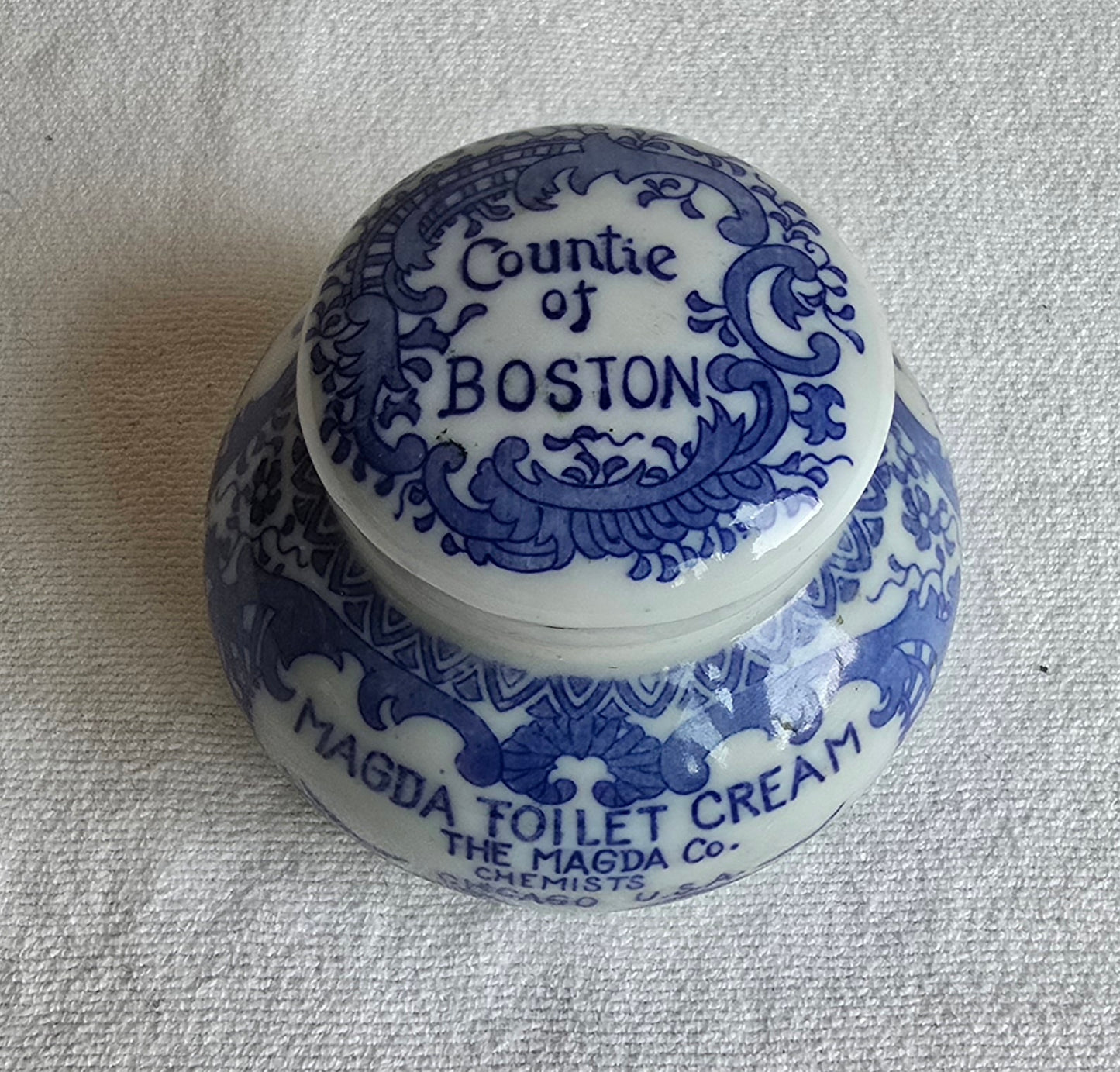 Antique Rare Magda Toilet Cream Porcelain Jar Blue & White The Magda Co Chemists Chicago