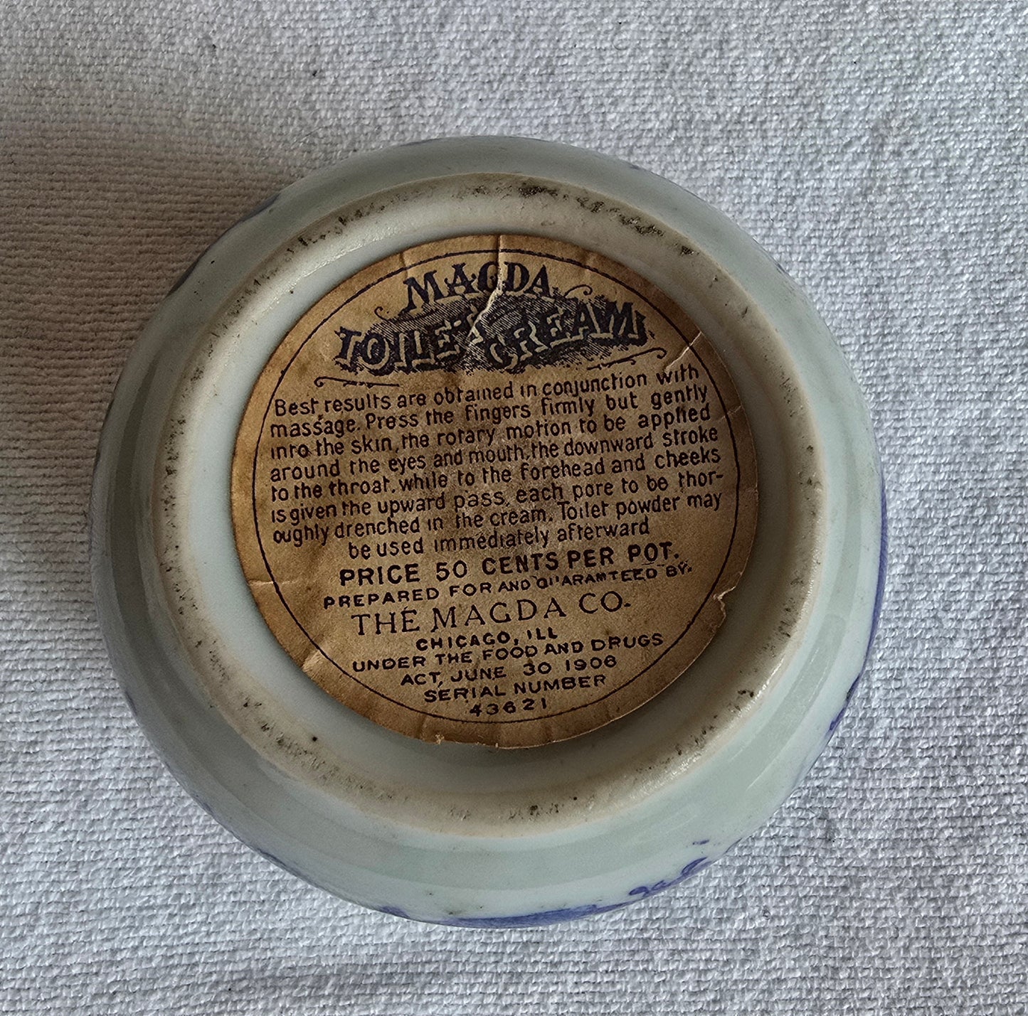 Antique Rare Magda Toilet Cream Porcelain Jar Blue & White The Magda Co Chemists Chicago