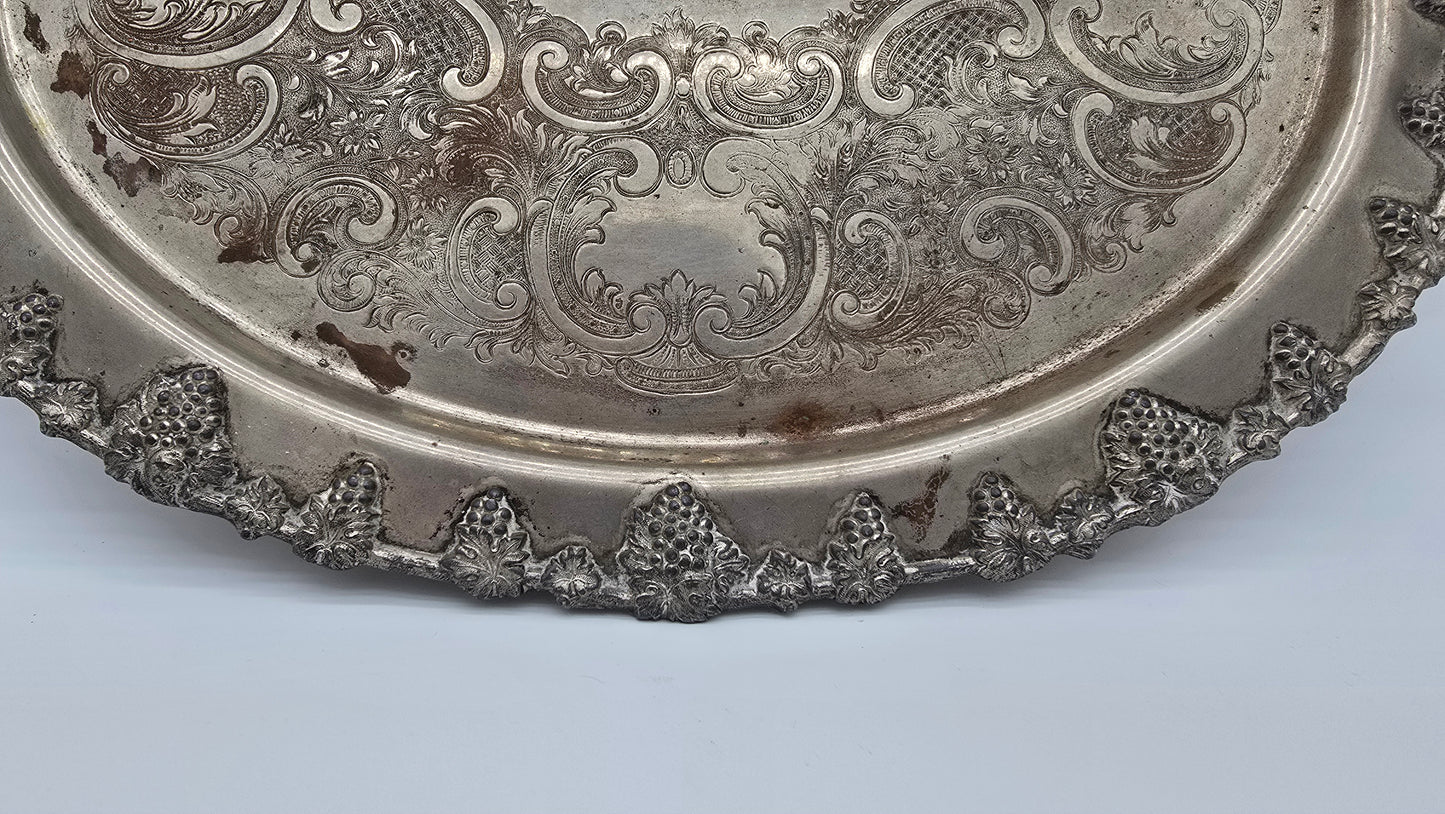 Vintage Federal Silver Co. Silver on Copper Butler Serving Tray with Handles Grape Design