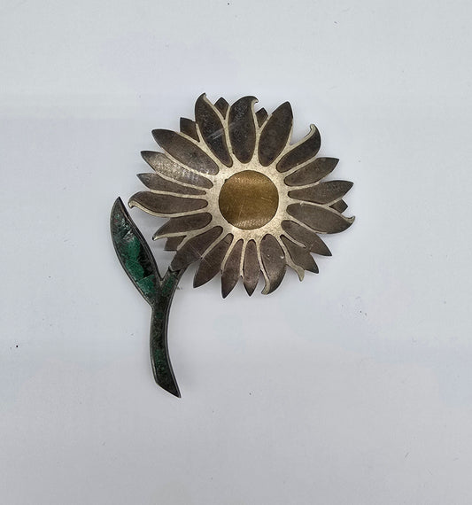 Signed Vintage Los Castillo Taxco #101 Sterling Silver Brass Turquoise Flower Pin Brooch