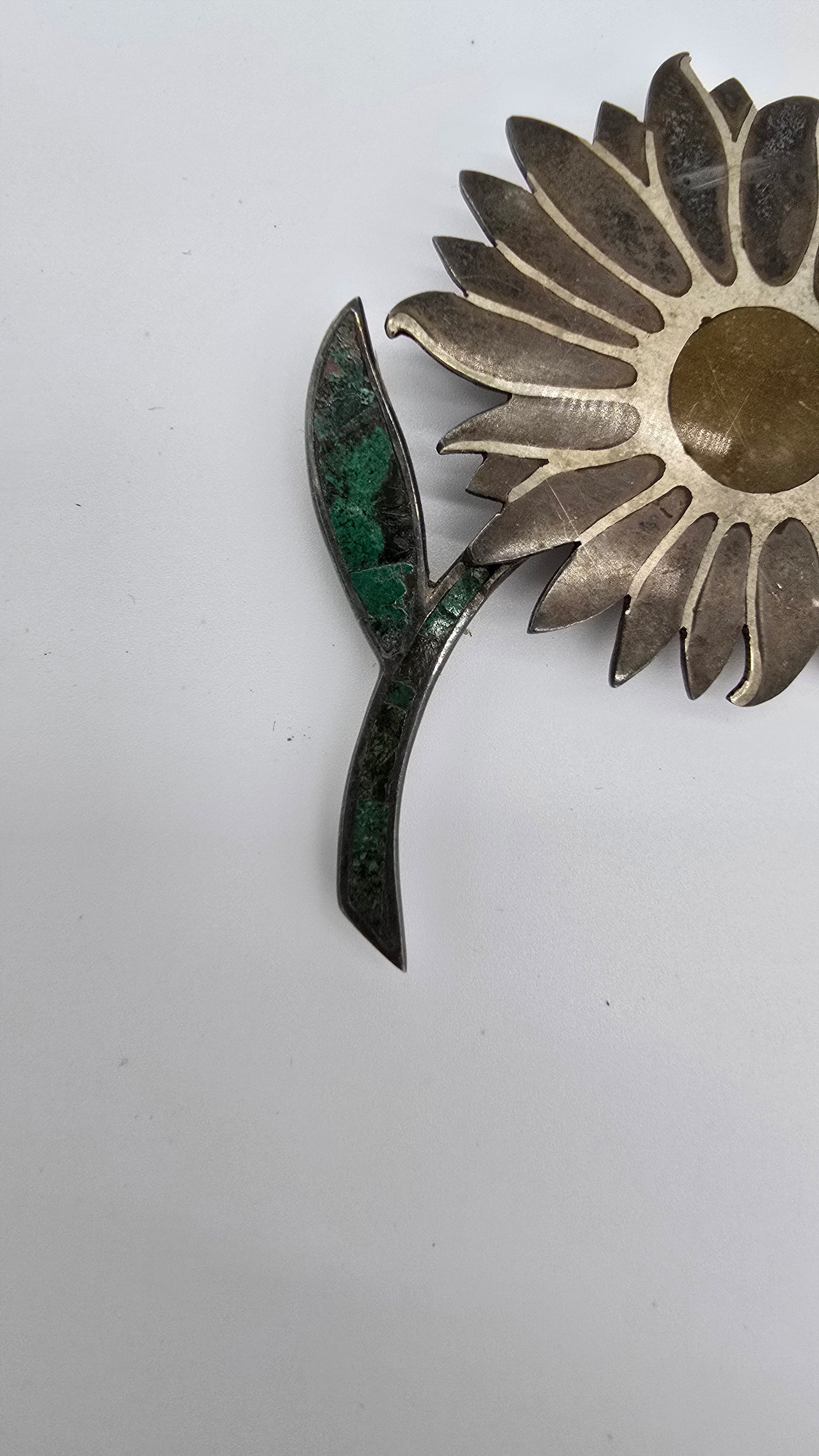 Signed Vintage Los Castillo Taxco #101 Sterling Silver Brass Turquoise Flower Pin Brooch