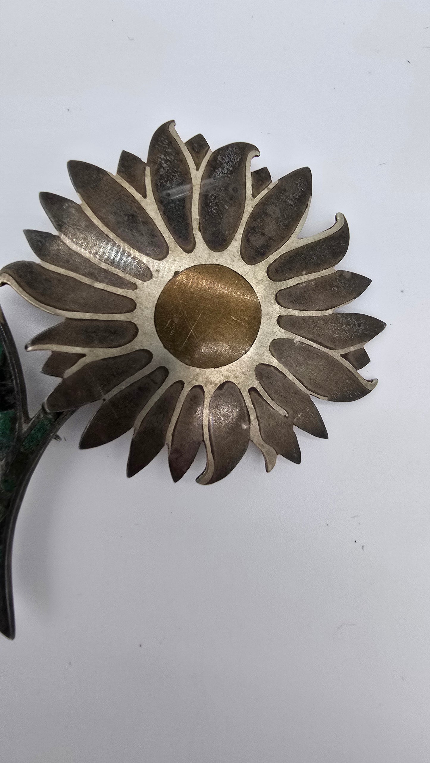 Signed Vintage Los Castillo Taxco #101 Sterling Silver Brass Turquoise Flower Pin Brooch