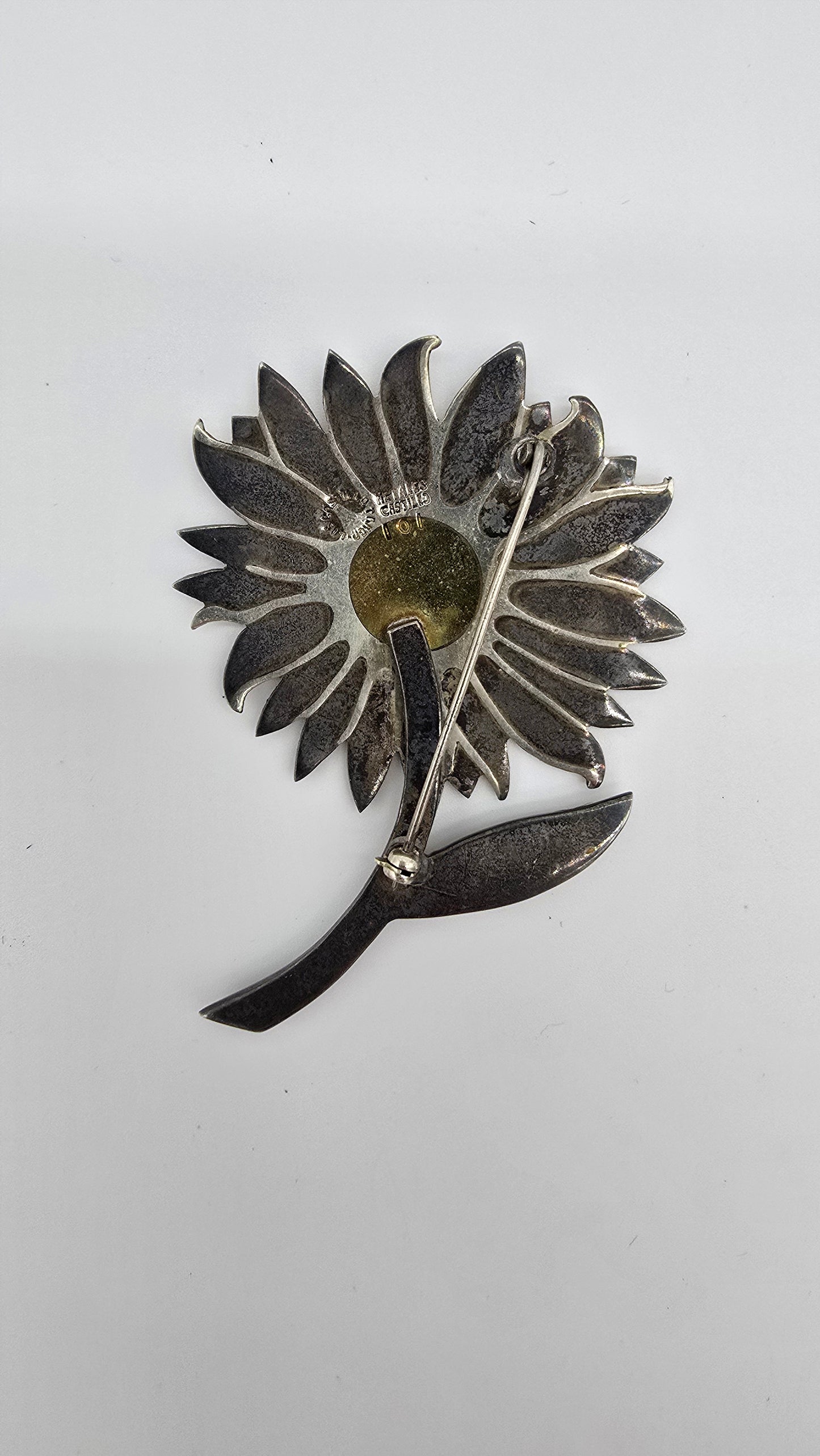 Signed Vintage Los Castillo Taxco #101 Sterling Silver Brass Turquoise Flower Pin Brooch