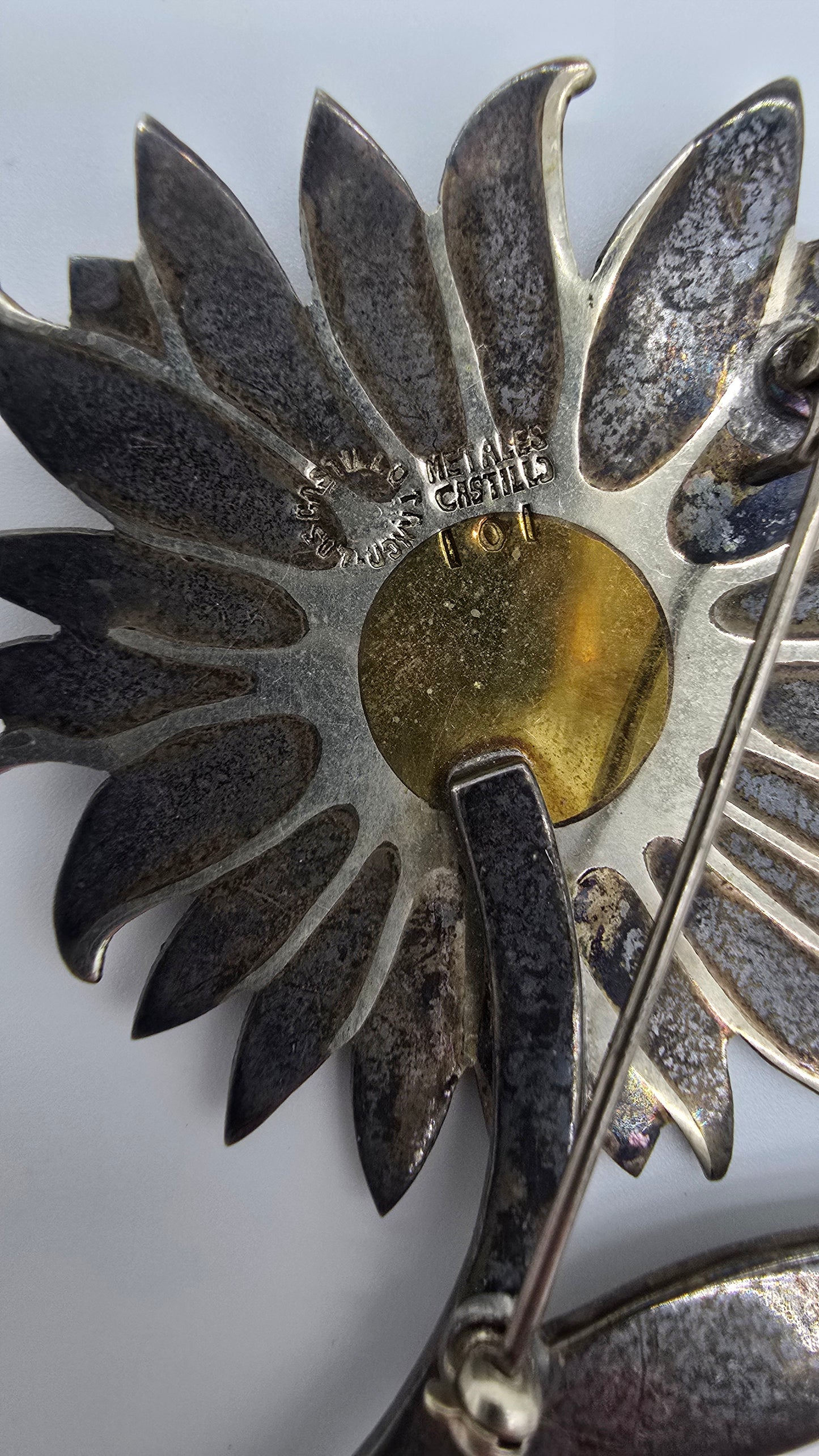 Signed Vintage Los Castillo Taxco #101 Sterling Silver Brass Turquoise Flower Pin Brooch