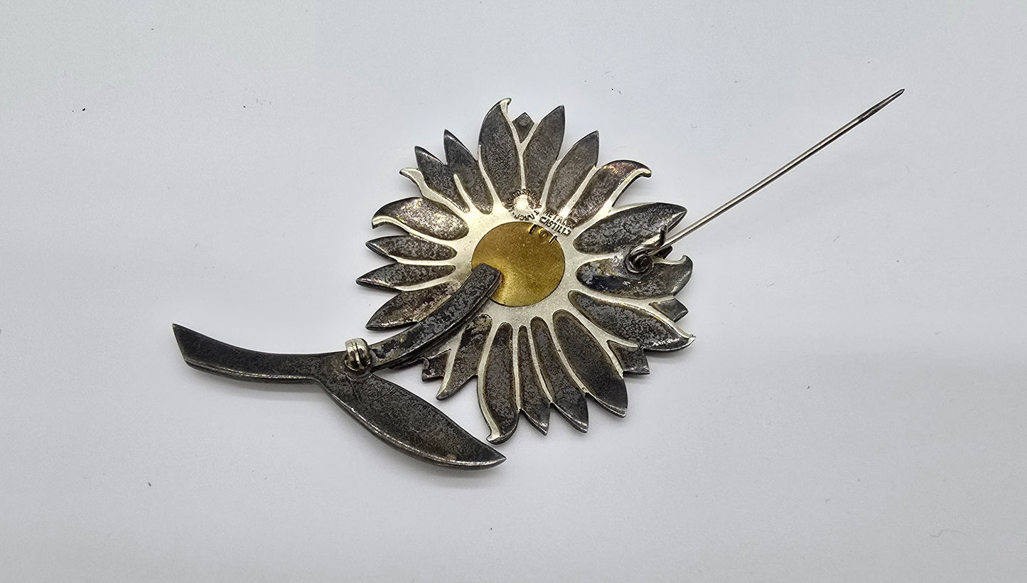 Signed Vintage Los Castillo Taxco #101 Sterling Silver Brass Turquoise Flower Pin Brooch