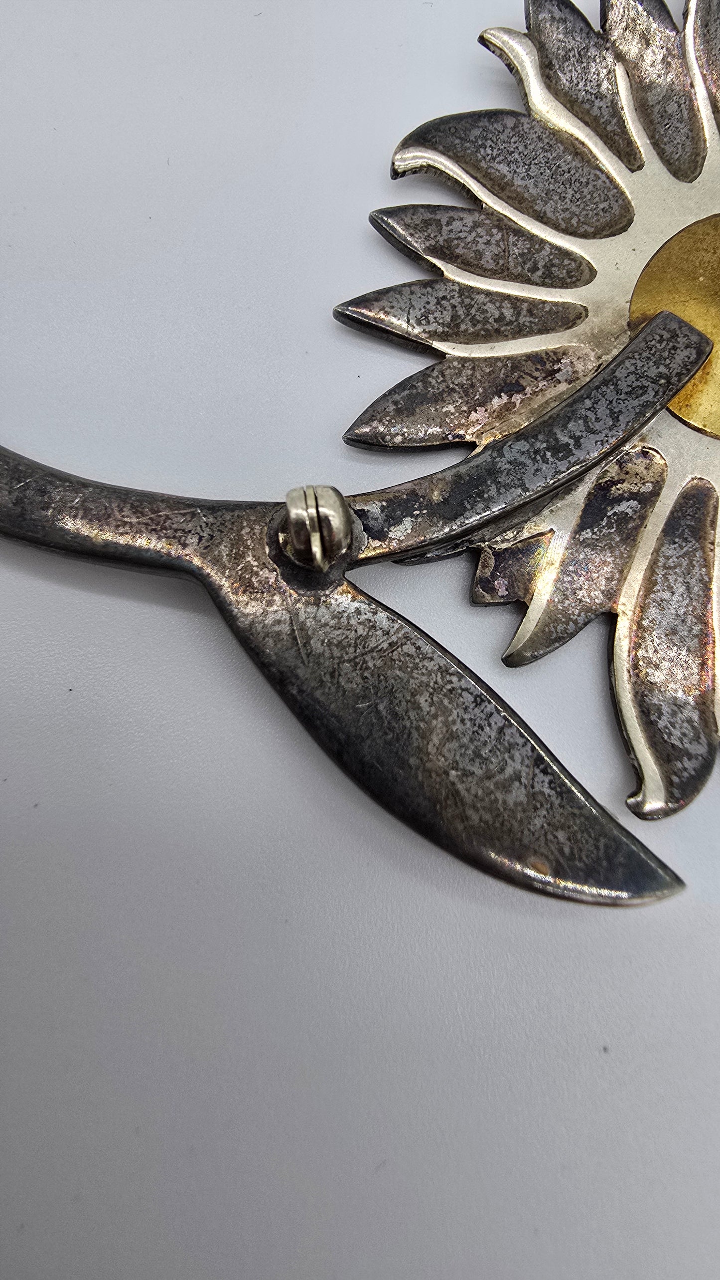 Signed Vintage Los Castillo Taxco #101 Sterling Silver Brass Turquoise Flower Pin Brooch