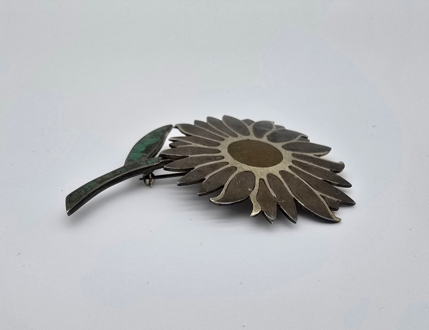 Signed Vintage Los Castillo Taxco #101 Sterling Silver Brass Turquoise Flower Pin Brooch