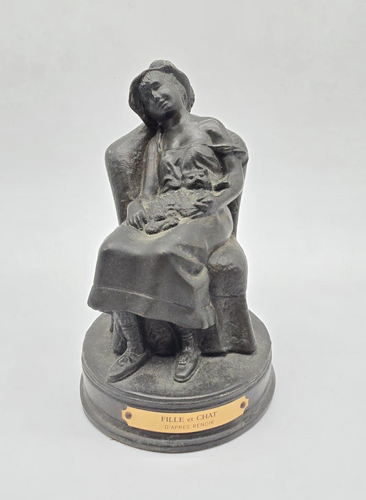 H. Kalish Fille et Chat Girl Woman Lady with Cat Bronze Statue