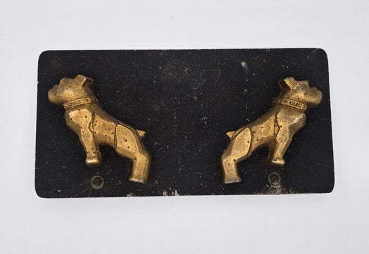 Vintage Gold Mack Truck Bulldog Side Emblems Mounted on Metal Plate